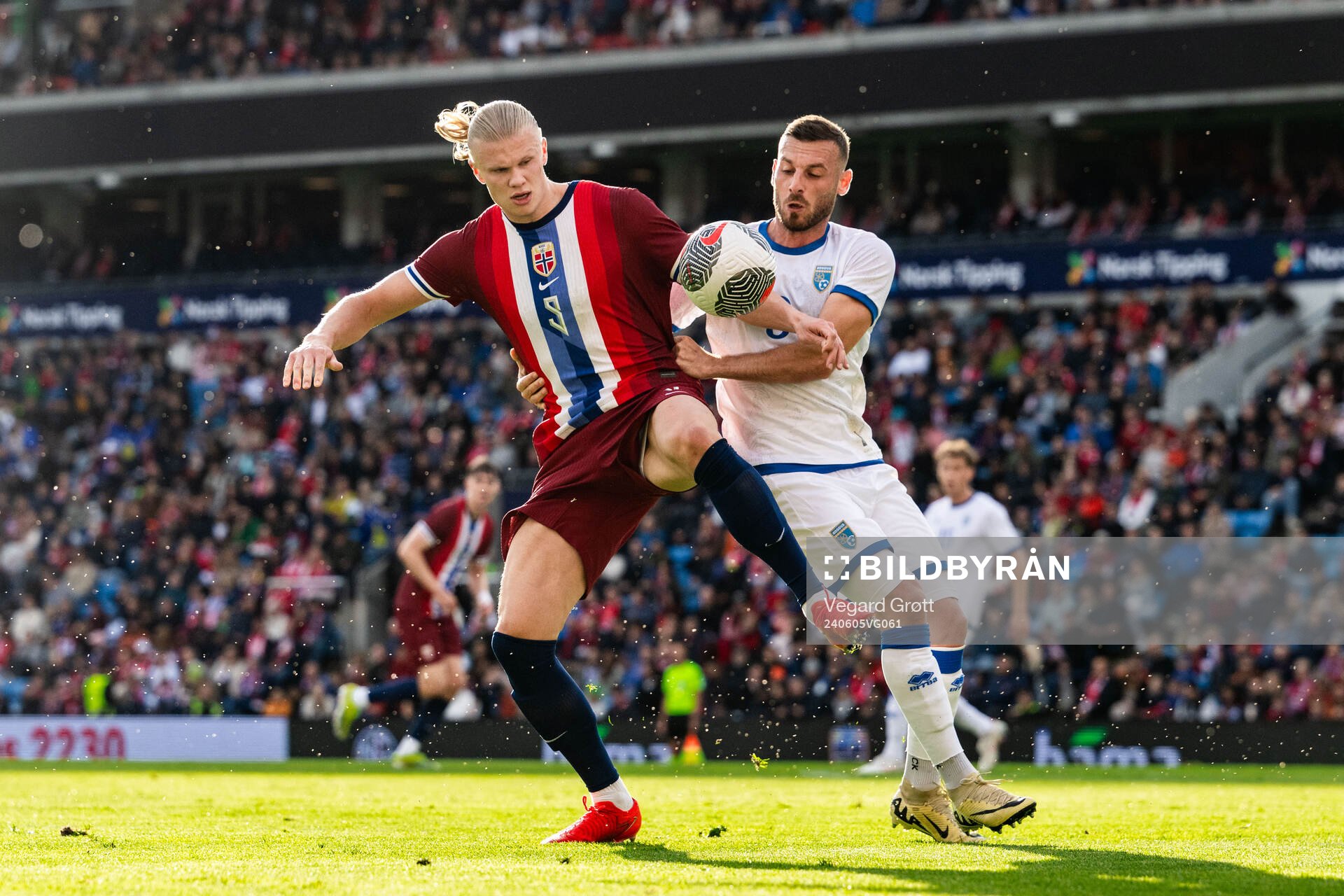 Erling Braut Haaland of Norway and Fidan Aliti of Kosovo during the international friendly football match between Norway and Kosovo on June 5, 2024 in Oslo.