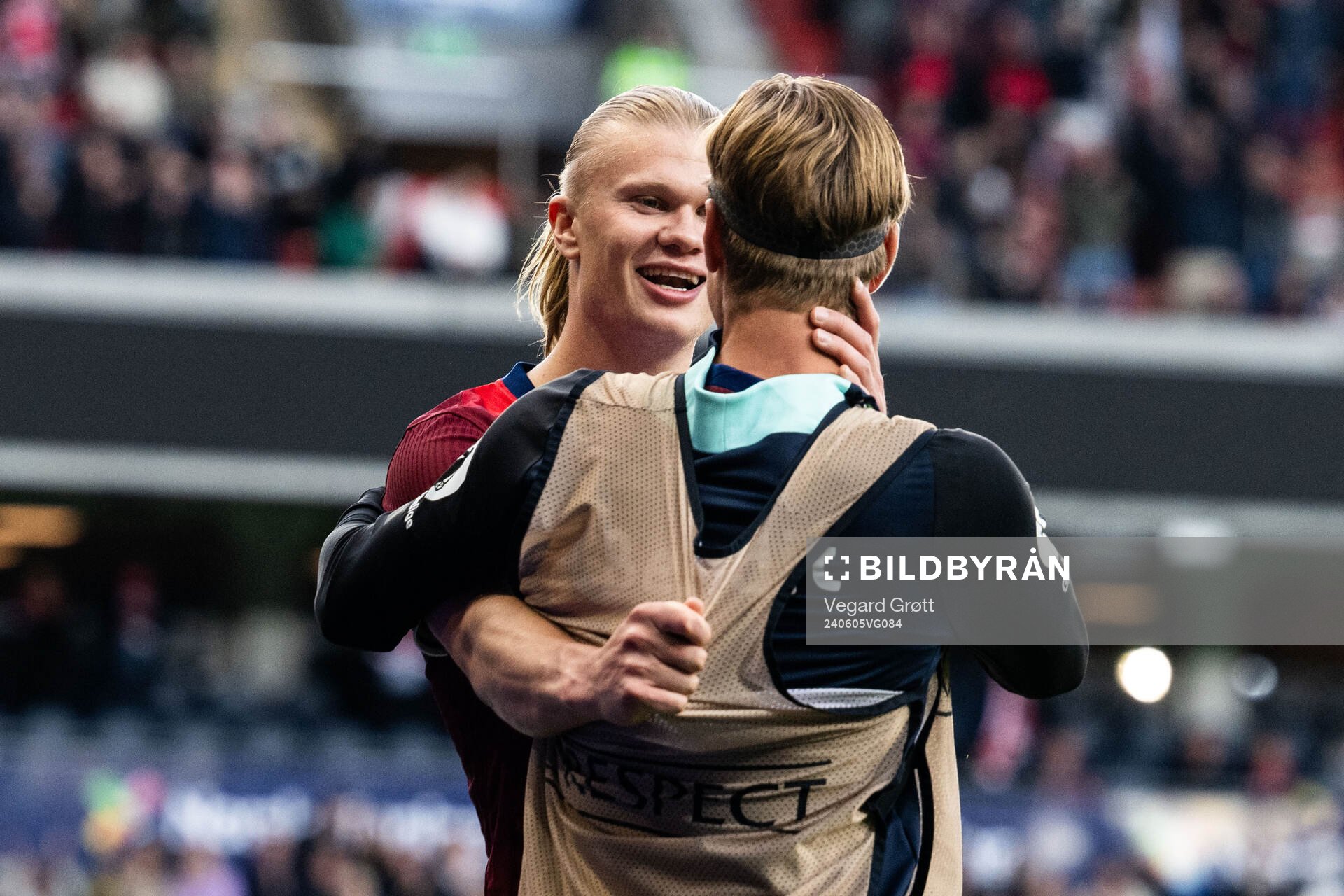 Erling Braut Haaland of Norway celebrates with Erik Botheim after 2-0 during the international friendly football match between Norway and Kosovo on June 5, 2024 in Oslo.