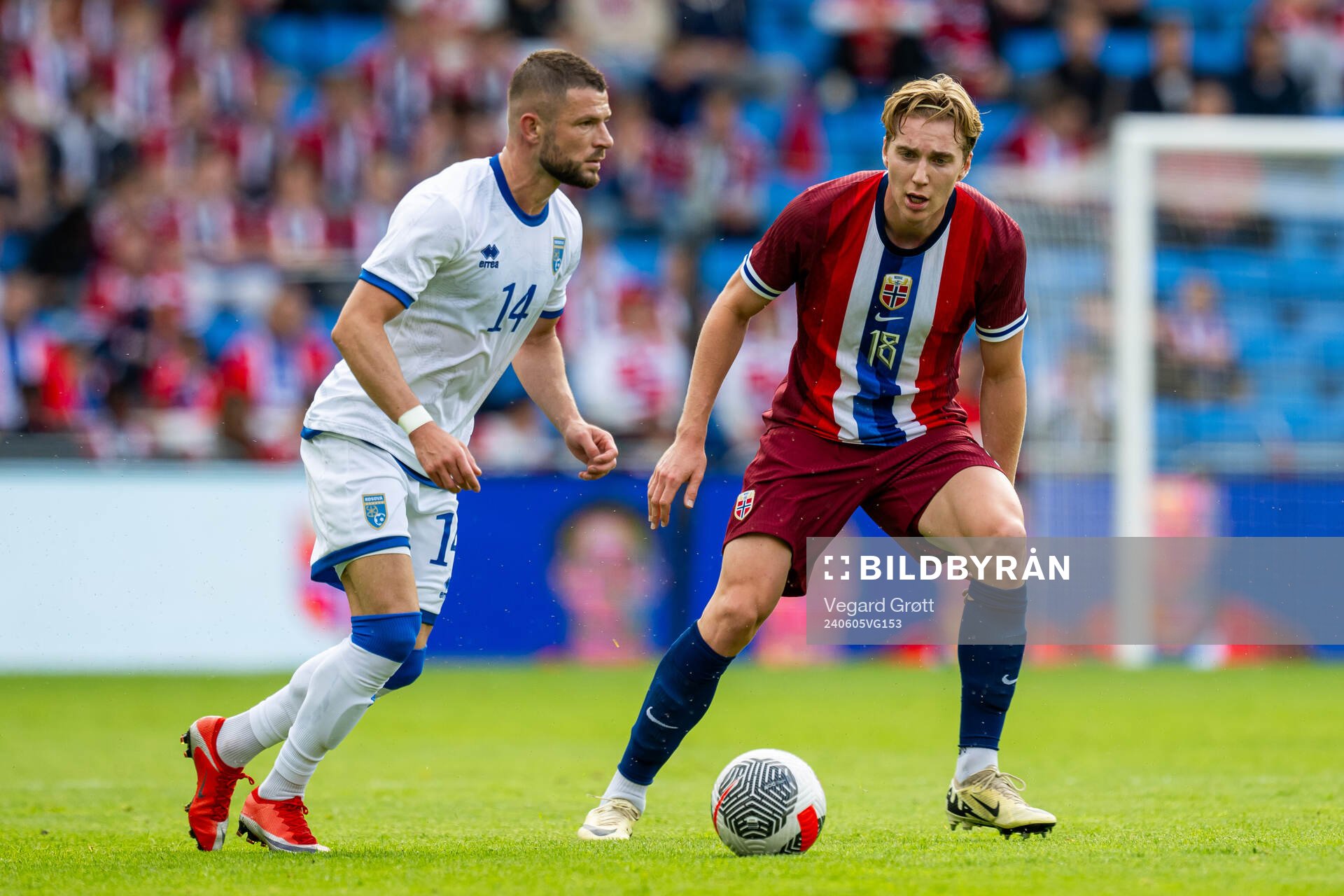 Valon Berisha of Kosovo and Kristian Thorstvedt of Norway during the international friendly football match between Norway and Kosovo on June 5, 2024 in Oslo. 