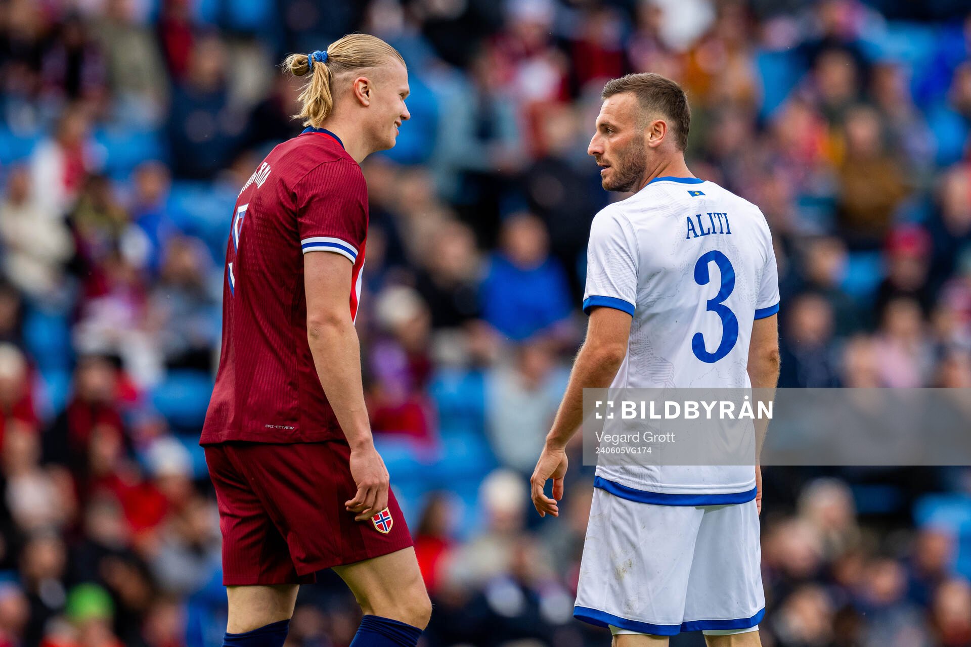 Erling Braut Haaland of Norway and Fidan Aliti of Kosovo during the international friendly football match between Norway and Kosovo on June 5, 2024 in Oslo. 