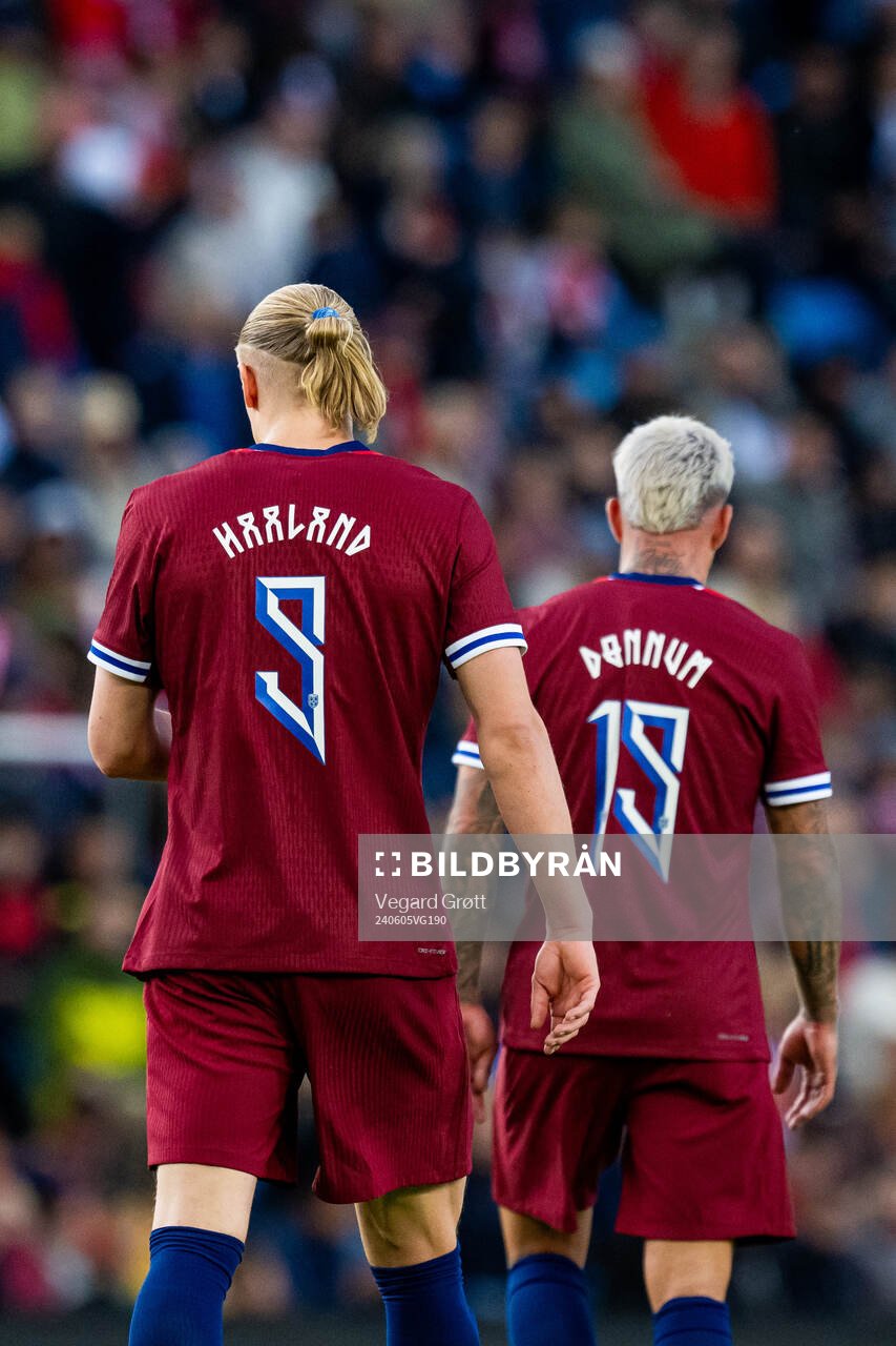 Erling Braut Haaland of Norway with teammate Aron Dønnum