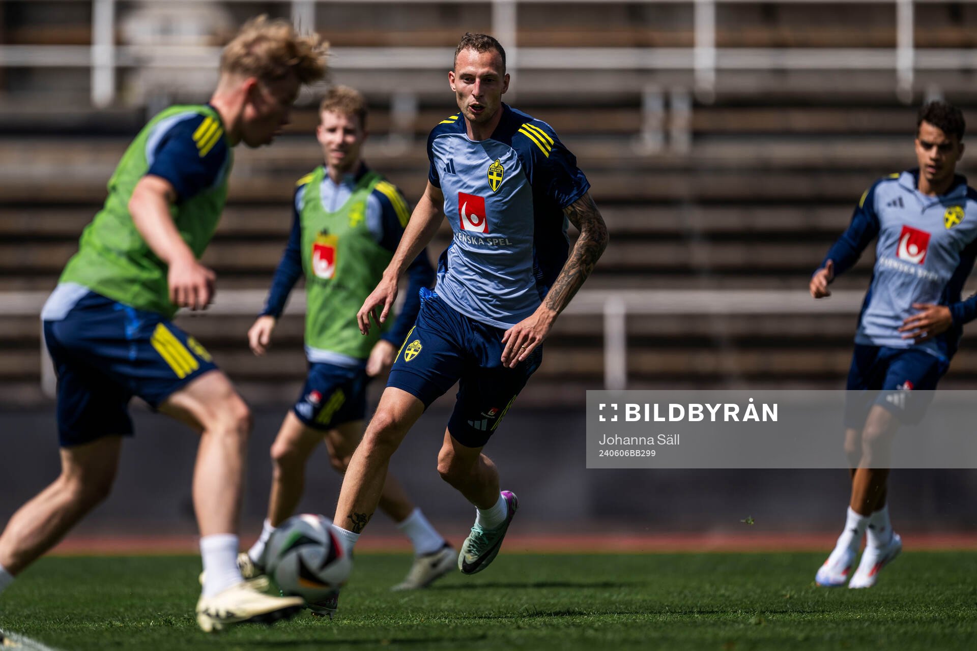 Gustaf Nilsson of the Swedish men's national football team during a training session on June 6, 2024 in Stockholm. 