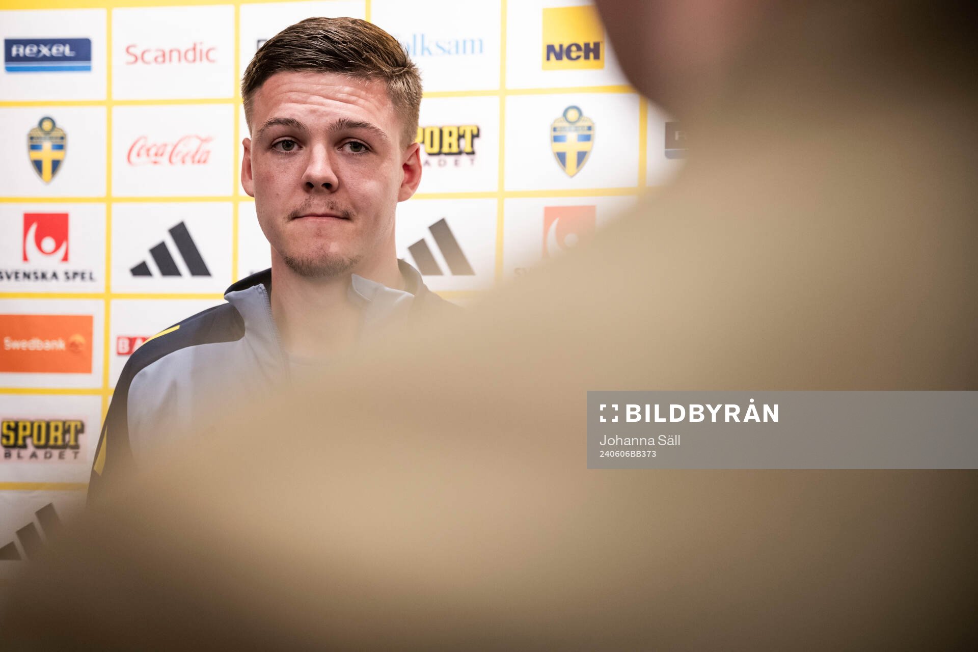 Emil Holm of the Swedish national football team at a mixed zone session on June 6, 2024 in Stockholm. 