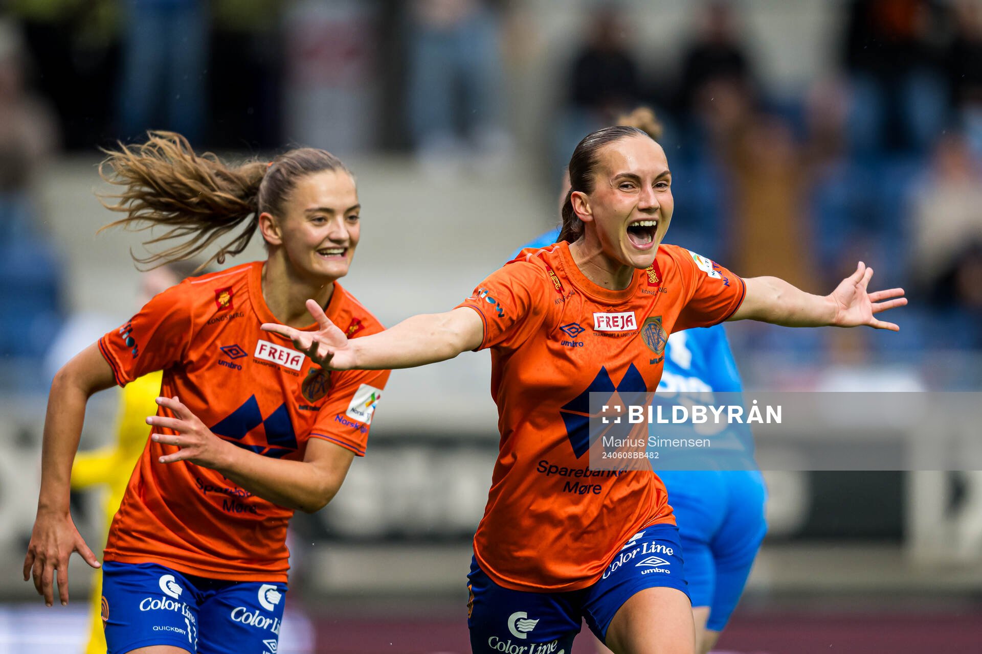 Maria Herdel Pedersen of AaFK Fortuna celebrates after scoring the 1-0 goal during the 1. division football match between AaFK Fortuna and Bodø/Glimt on June 8, 2024 in Ålesund.