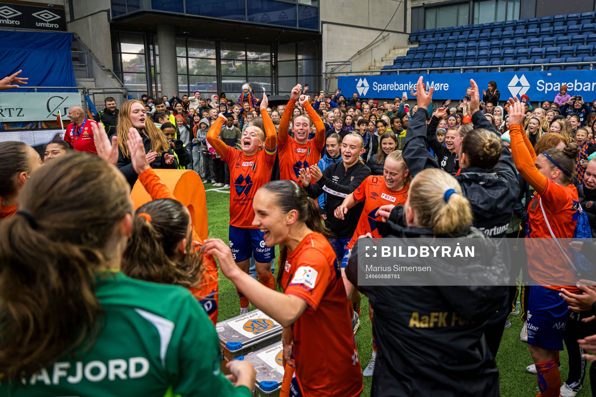 Mette Osvold Muri, Helle Olsen Rindal, Madelen Eid and Ingeborg Skretting of AaFK Fortuna celebrates after the 1. division football match between AaFK Fortuna and Bodø/Glimt on June 8, 2024 in Ålesund.