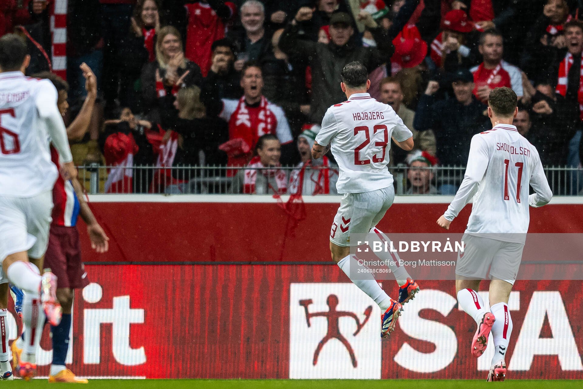 Pierre-Emilie Højbjerg of Denmark celebrates after 1-0 during the international friendly football match between Denmark and Norway on June 8, 2024 in Brøndby.