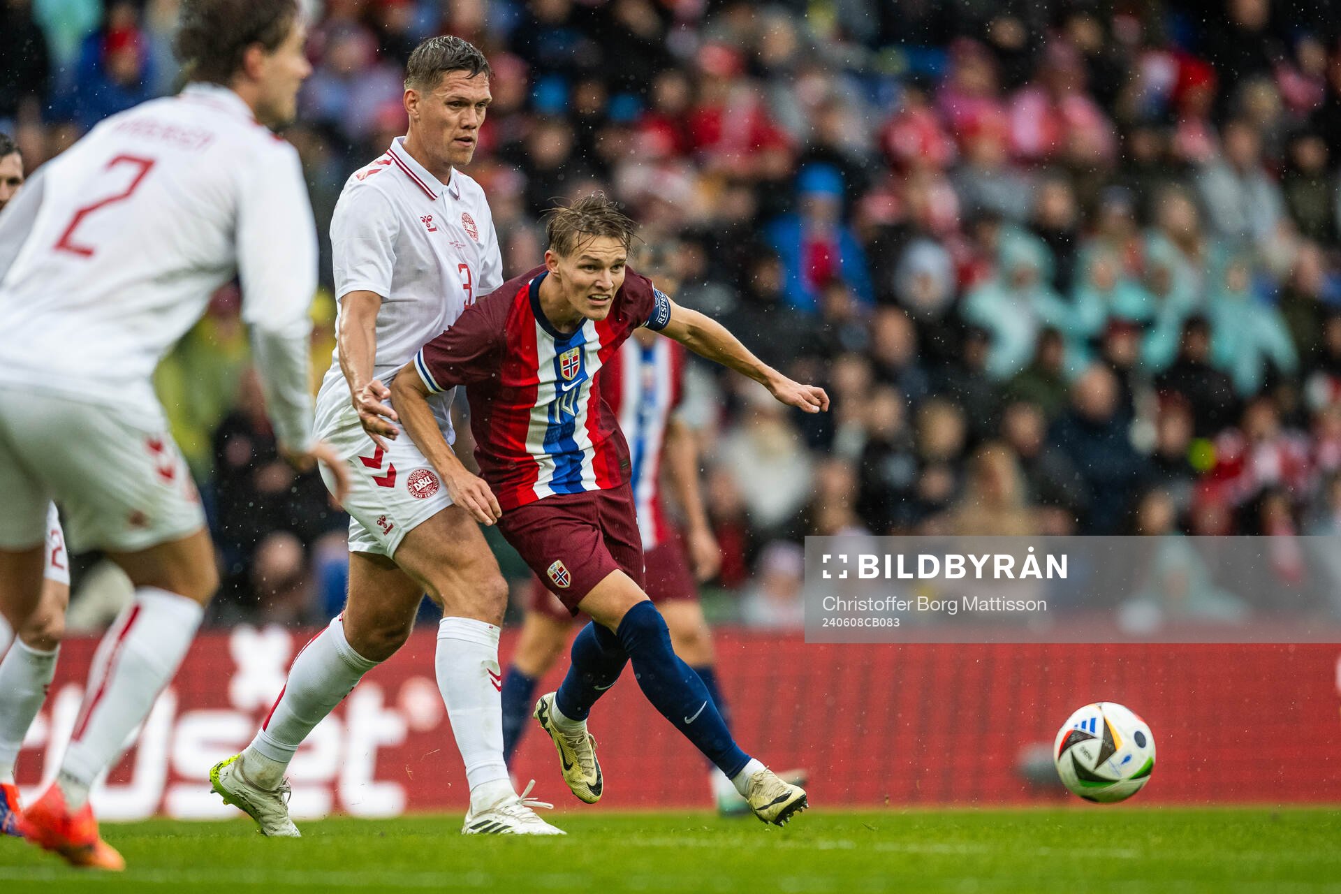 Jannik Vestergaard of Denmark and Martin Ødegaard of Norway during the international friendly football match between Denmark and Norway on June 8, 2024 in Brøndby.