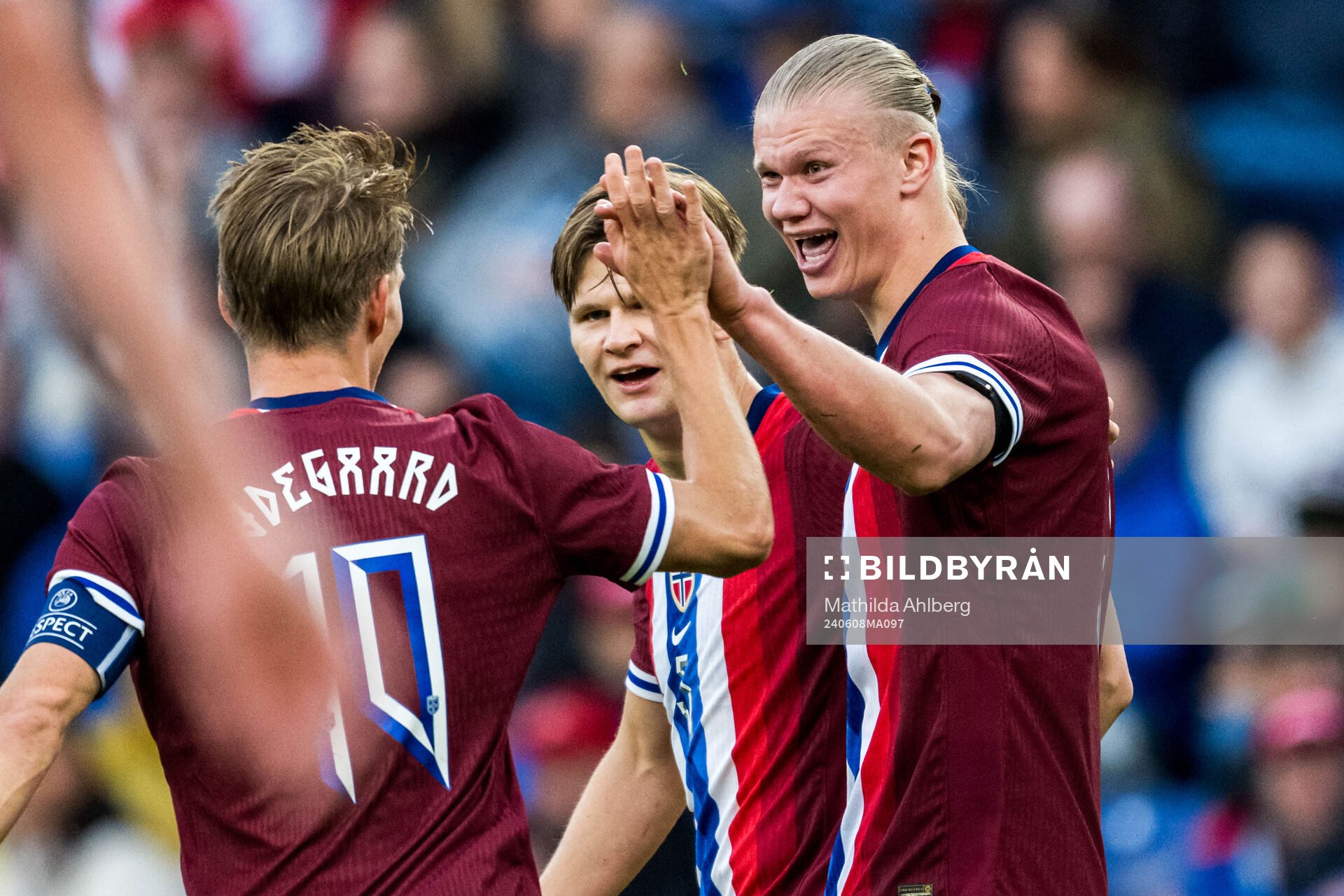 Erling Braut Haaland of Norway celebrates scoring 2-1 (later disallowed due to a VAR-review) during the international friendly football match between Denmark and Norway on June 8, 2024 in Brøndby.