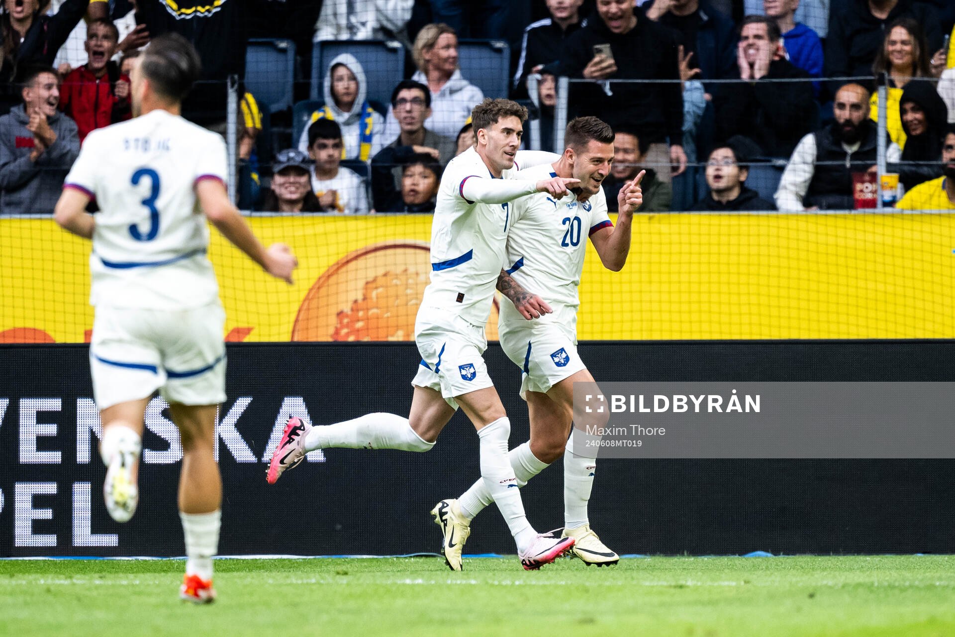 Dusan Vlahovic and Sergej Milinkovic-Savic of Serbia celebrate after the 0-1 goal during the international friendly football match between Sweden and Serbia on June 8, 2024 in Stockholm.