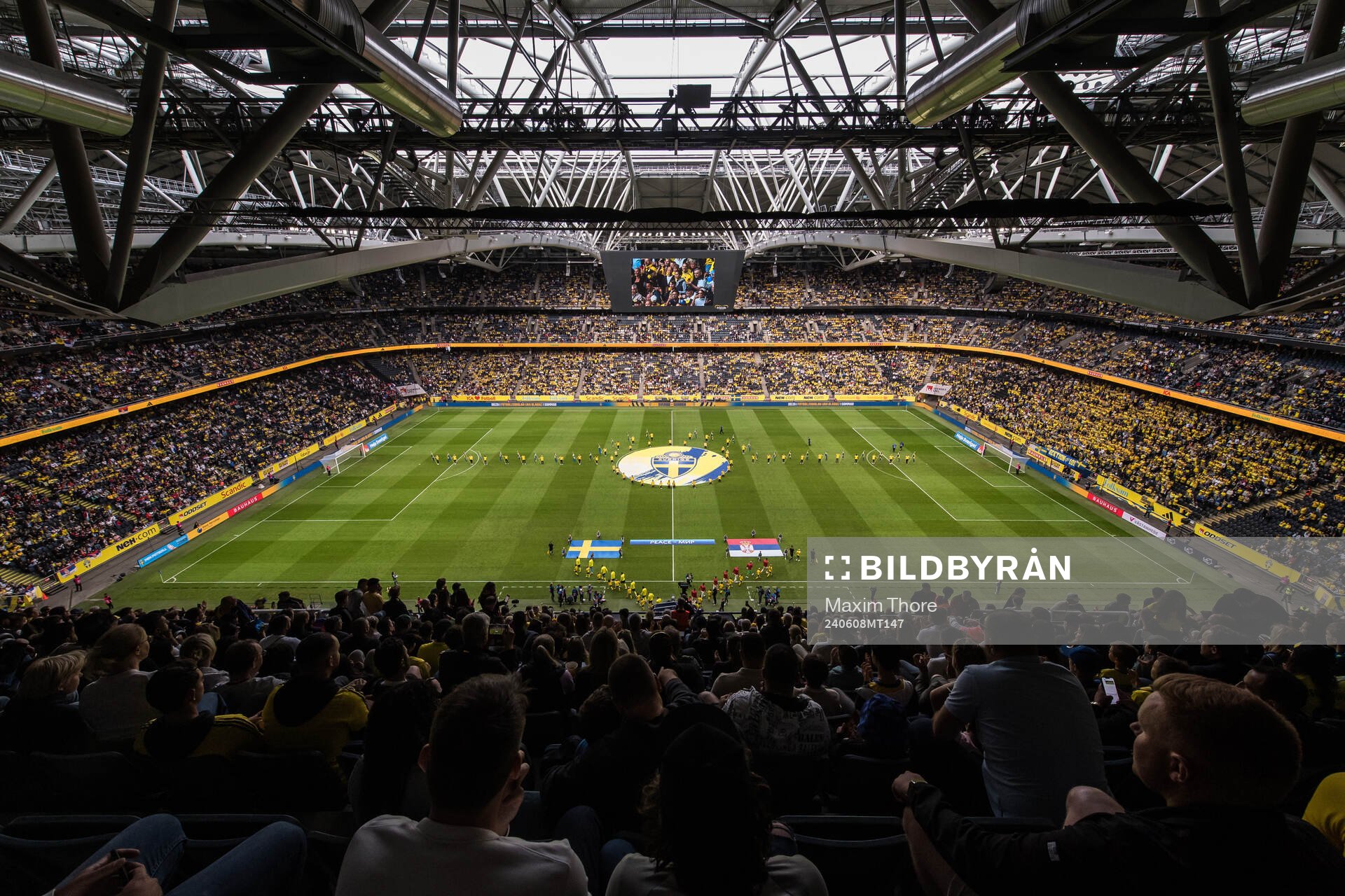 The players of both teams enter the pitch ahead of the international friendly football match between Sweden and Serbia on June 8, 2024 in Stockholm.