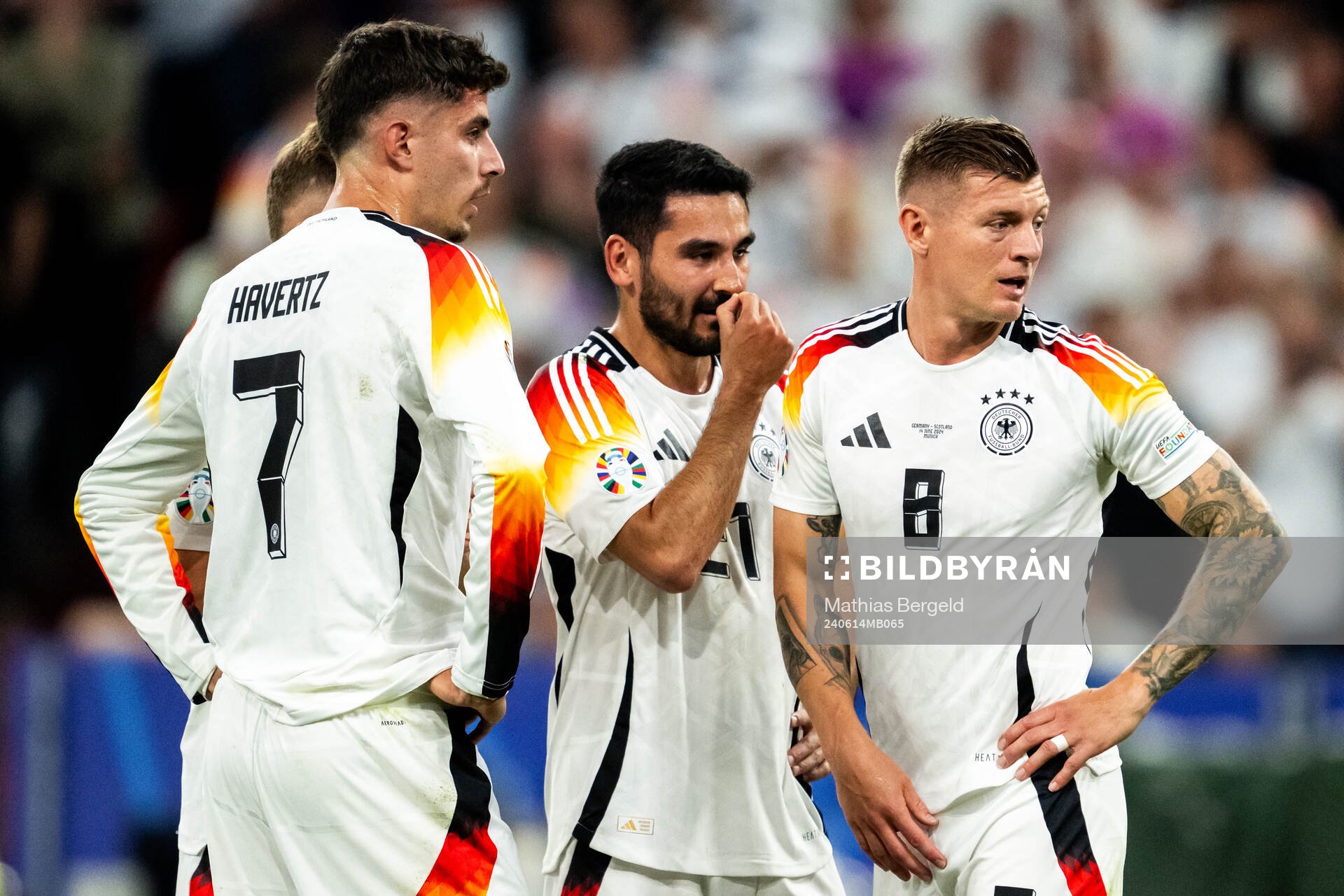 Kai Havertz, Ilkay Gündogan and Toni Kroos of Germany during the UEFA Euro 2024 Football Championship match between Germany and Scotland on June 14, 2024 in Munich.