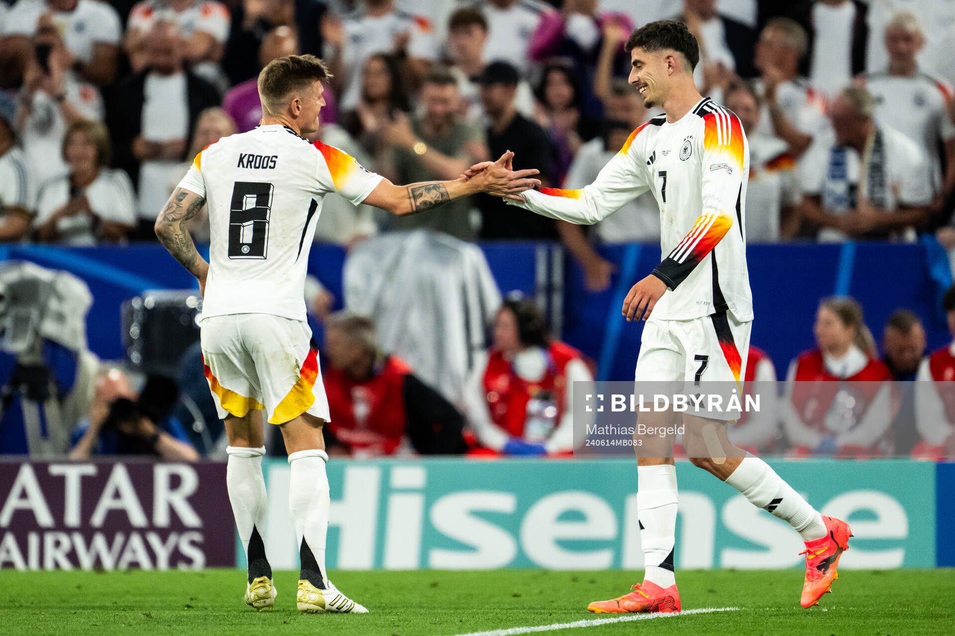 Kai Havertz of Germany celebrate with Toni Kroos after scoring the 3-0 goal during the UEFA Euro 2024 Football Championship match between Germany and Scotland on June 14, 2024 in Munich.