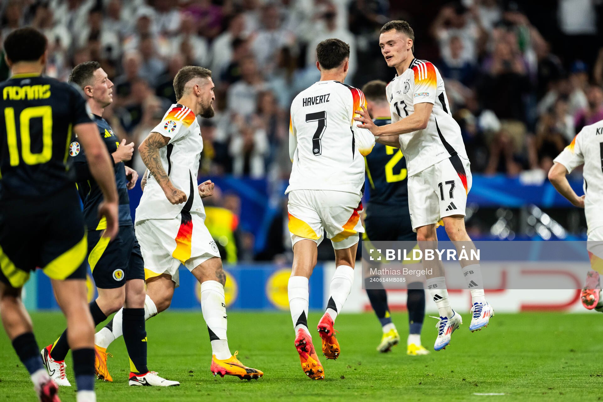 Kai Havertz celebrate with Florian Wirtz of Germany after scoring the 3-0 goal during the UEFA Euro 2024 Football Championship match between Germany and Scotland on June 14, 2024 in Munich. 