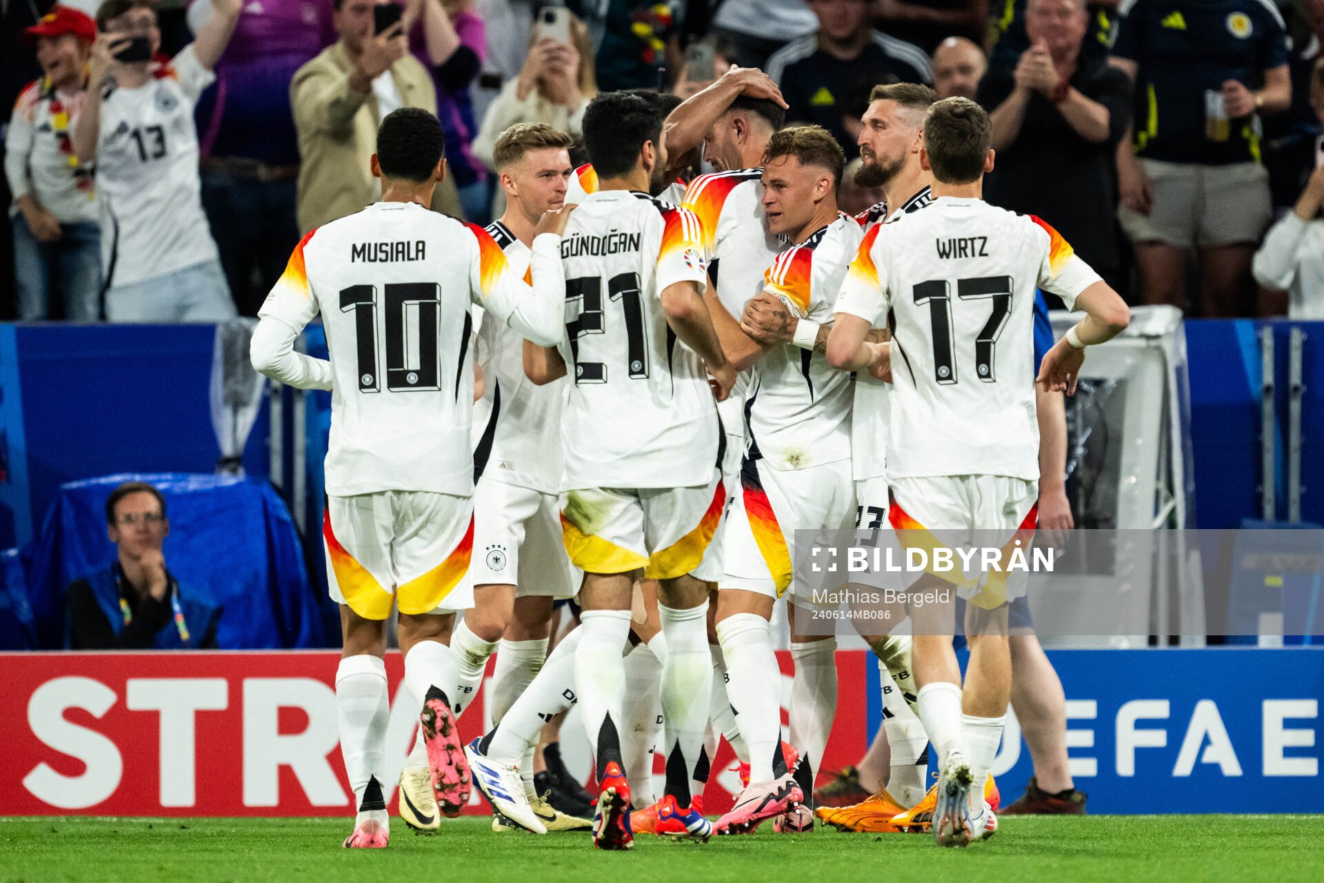 Kai Havertz of Germany celebrate with teammates after scoring the 3-0 goal during the UEFA Euro 2024 Football Championship match between Germany and Scotland on June 14, 2024 in Munich.