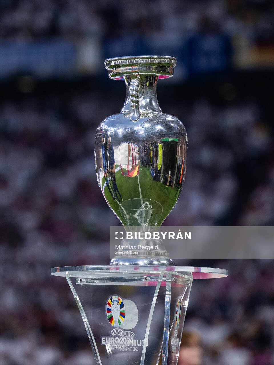 The Henri Delaunay Cup trophy as they honour the late Franz Beckenbauer ahead of the UEFA Euro 2024 Football Championship match between Germany and Scotland on June 14, 2024 in Munich. 