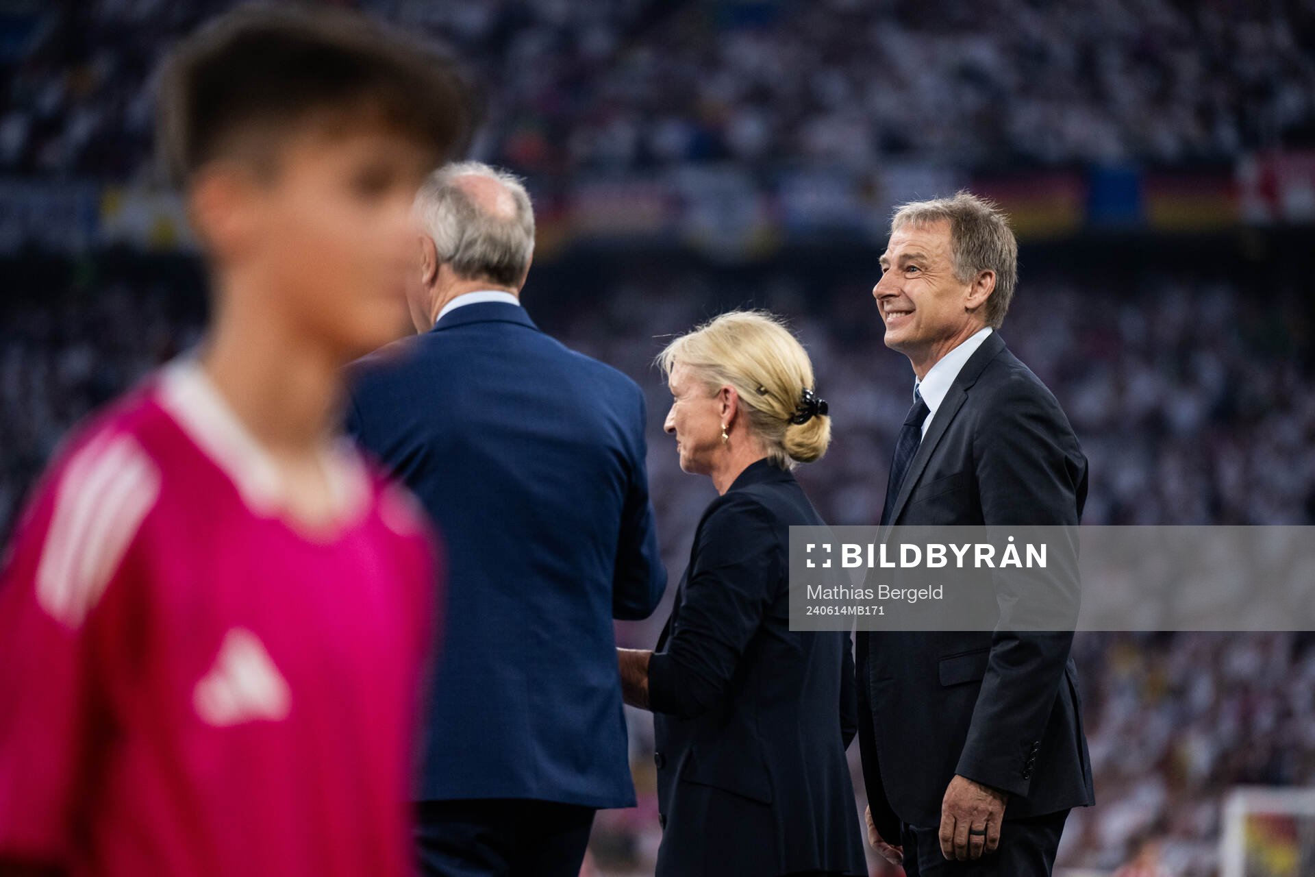 Heidi Beckenbauer and Jürgen Klinsmann honour the late Franz Beckenbauer ahead of the UEFA Euro 2024 Football Championship match between Germany and Scotland on June 14, 2024 in Munich.