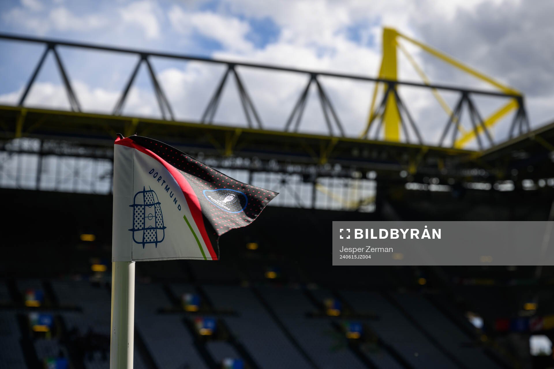 A corner flag in BVB Stadion Dortmund ahead of the UEFA Euro 2024 Football Championship match between Italy and Albania on June 15, 2024 in Dortmund. 