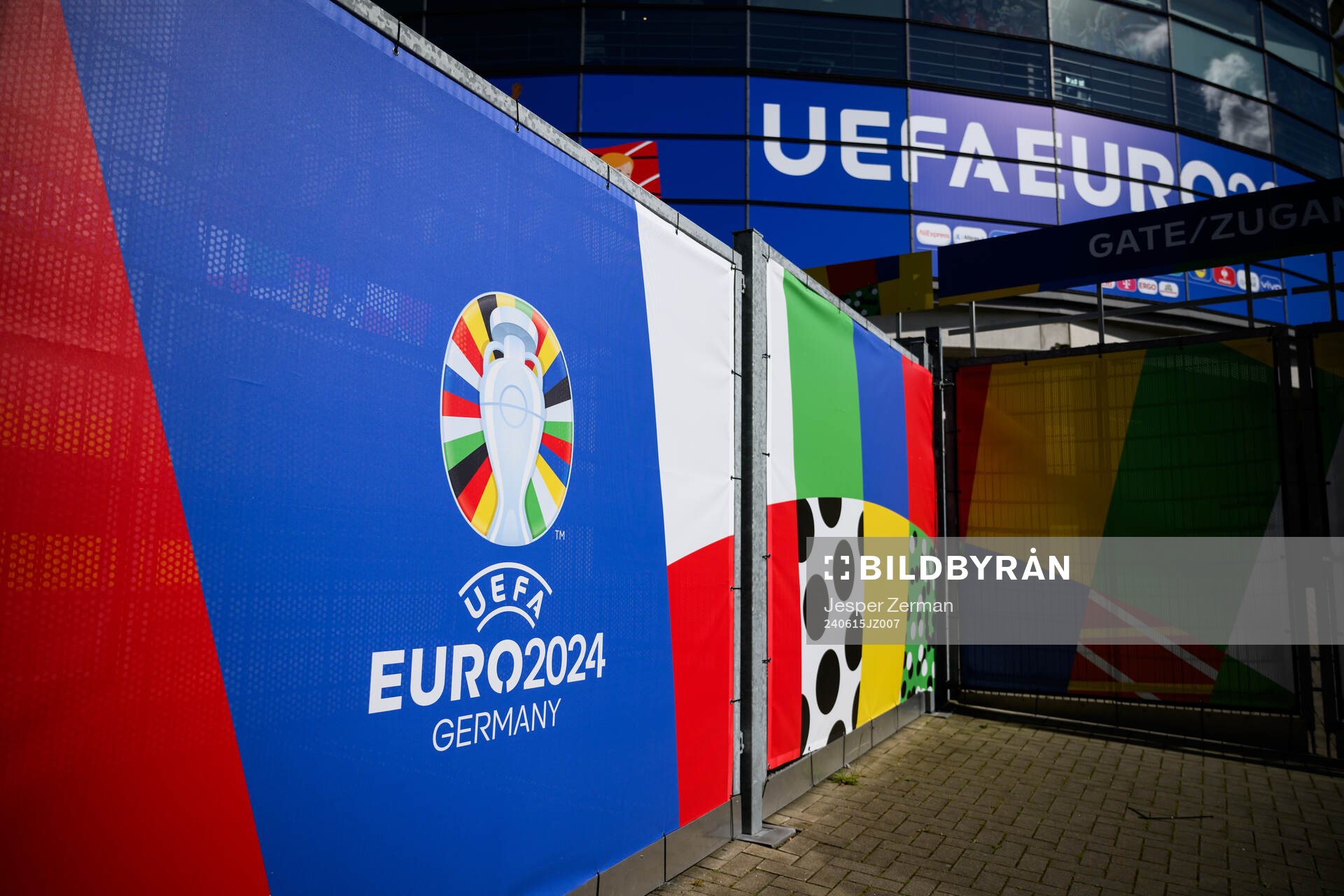 The Euro 2024 logotype outside of BVB Stadion Dortmund ahead of the UEFA Euro 2024 Football Championship match between Italy and Albania on June 15, 2024 in Dortmund. 