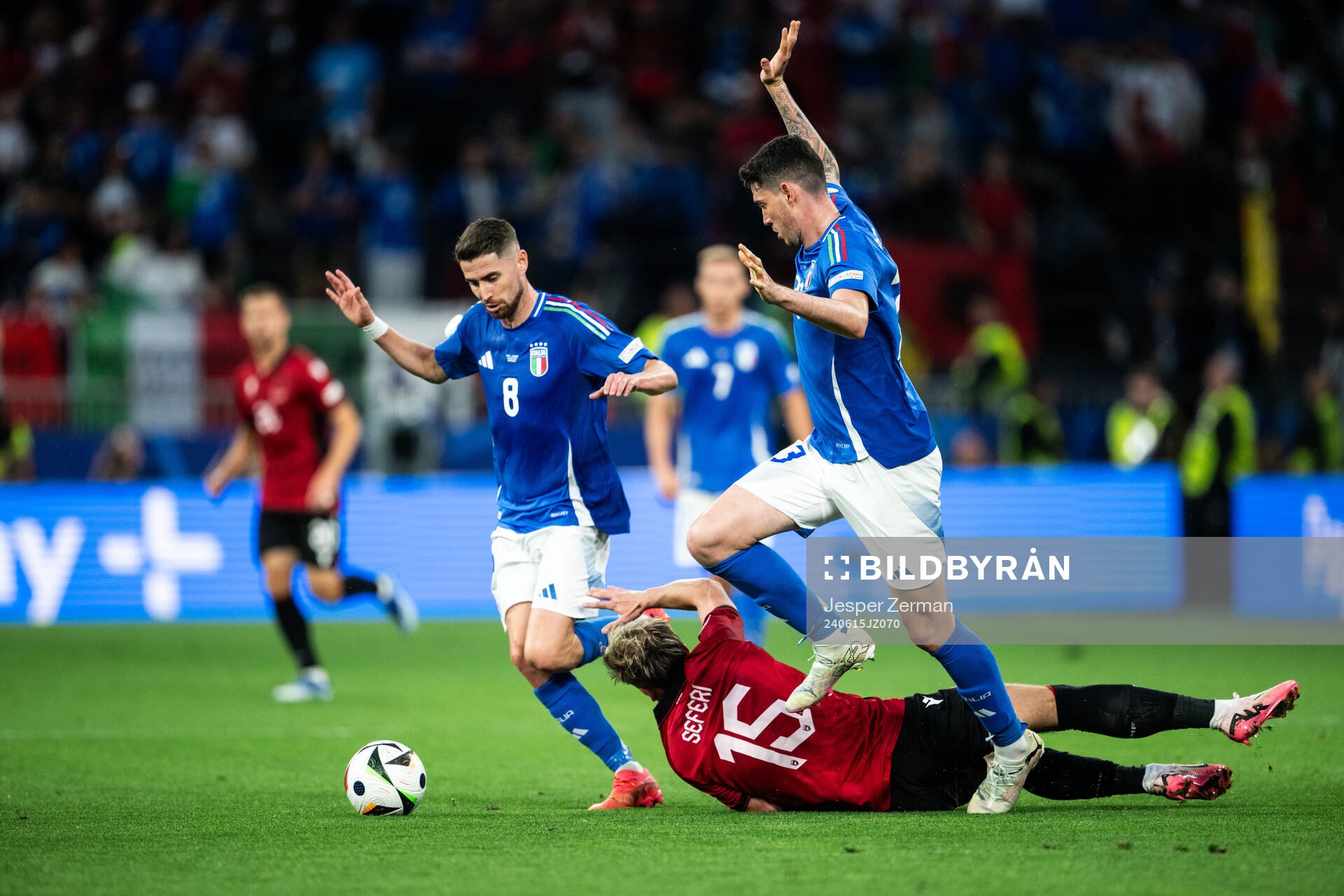 Taulant Seferi of Albania against Jorginho and Alessandro