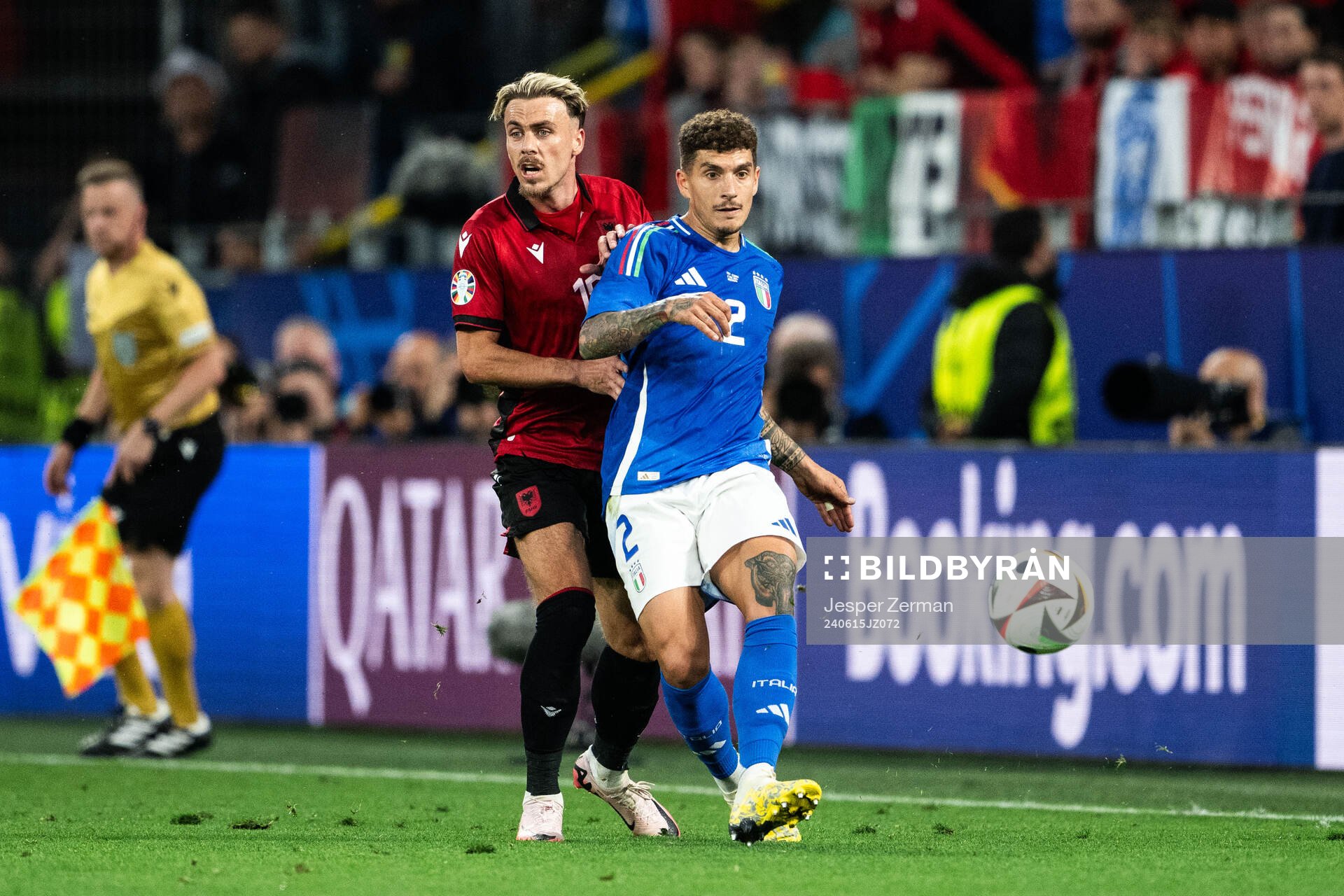 Taulant Seferi of Albania and Giovanni Di Lorenzo of Italy during the UEFA Euro 2024 Football Championship match between Italy and Albania on June 15, 2024 in Dortmund.