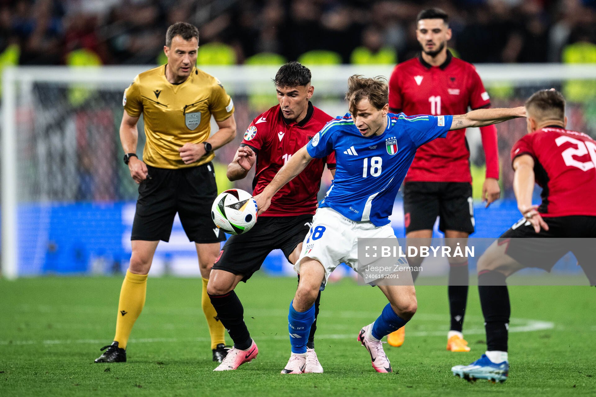Qazim Laci of Albania and Nicolo Barella of Italy