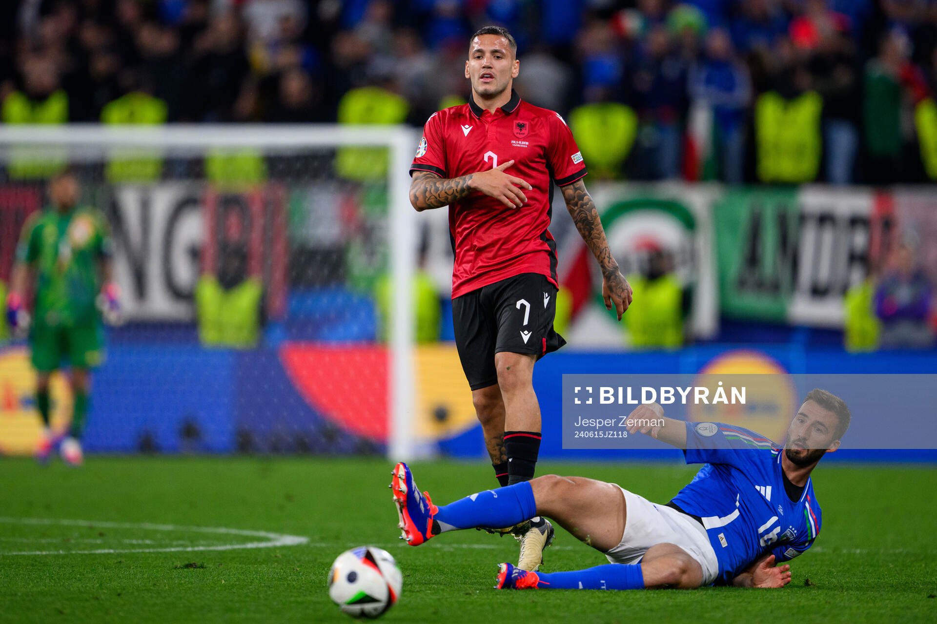 Rey Manaj of Albania and Bryan Cristante of Italy