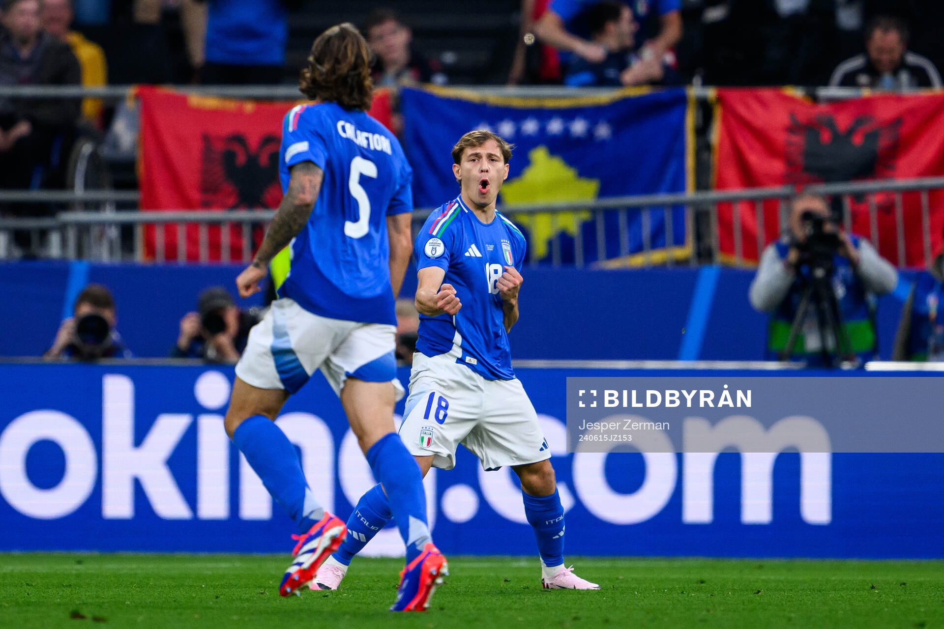 Nicolo Barella of Italy celebrates after scoring 2-1 during the UEFA Euro 2024 Football Championship match between Italy and Albania on June 15, 2024 in Dortmund.