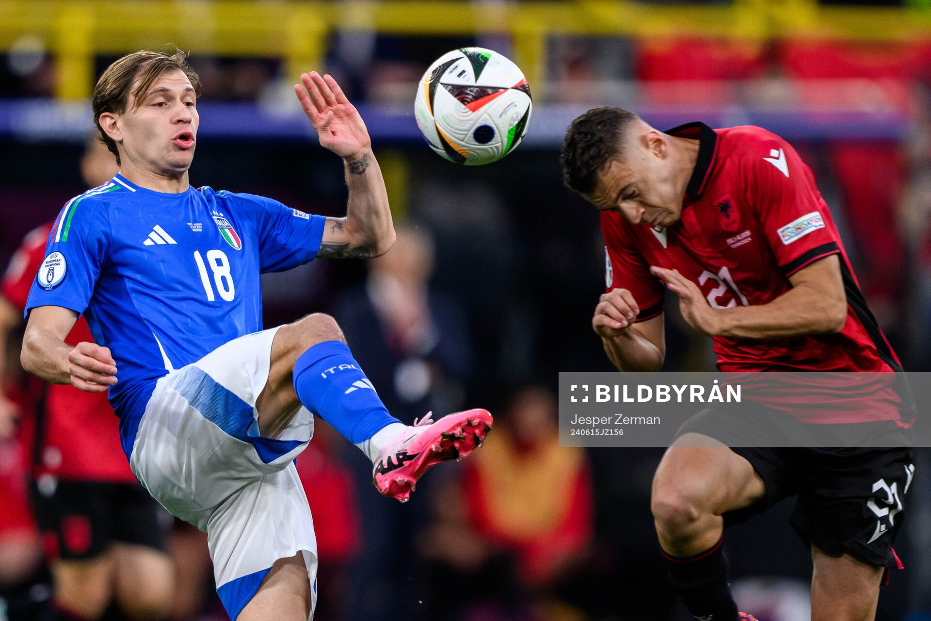 Nicolo Barella of Italy and Kristjan Asllani of Albania