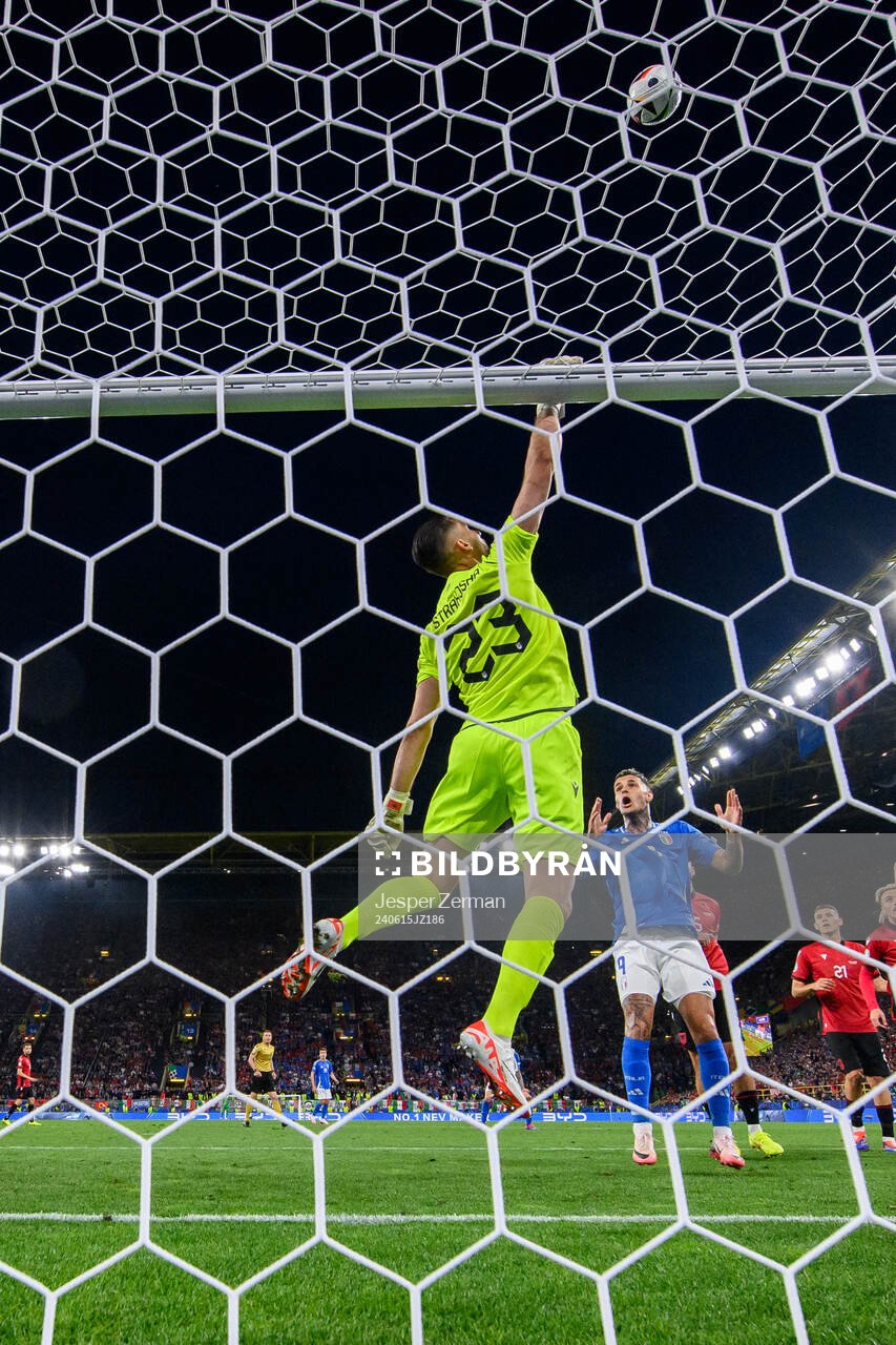 goalkeeper Thomas Strakosha of Albania during the UEFA Euro 2024 Football Championship match between Italy and Albania on June 15, 2024 in Dortmund.