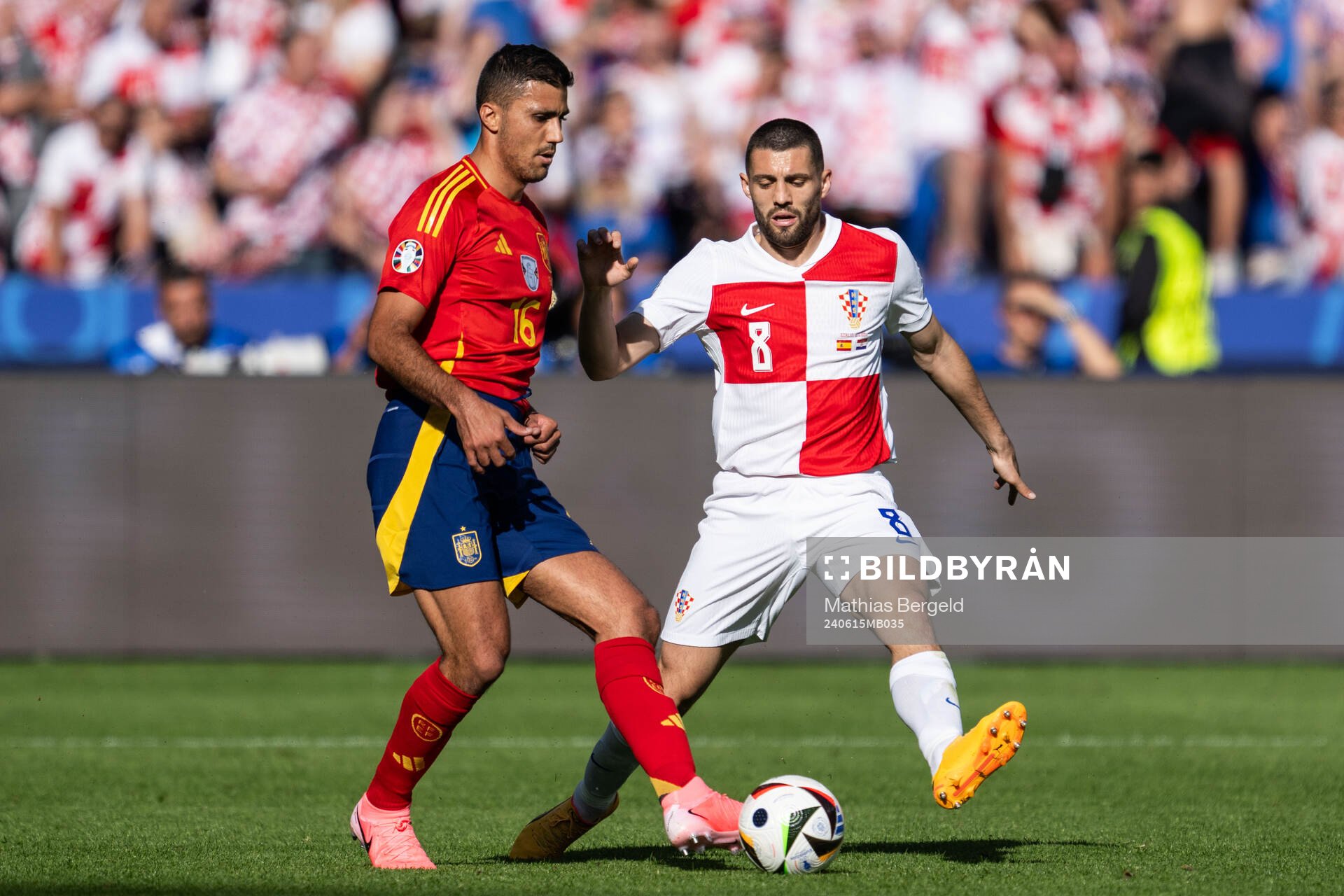 Rodrigo Hernandez of Spain and Mateo Kovacic of Croatia during the UEFA Euro 2024 Football Championship match between Spain and Croatia on June 15, 2024 in Berlin.