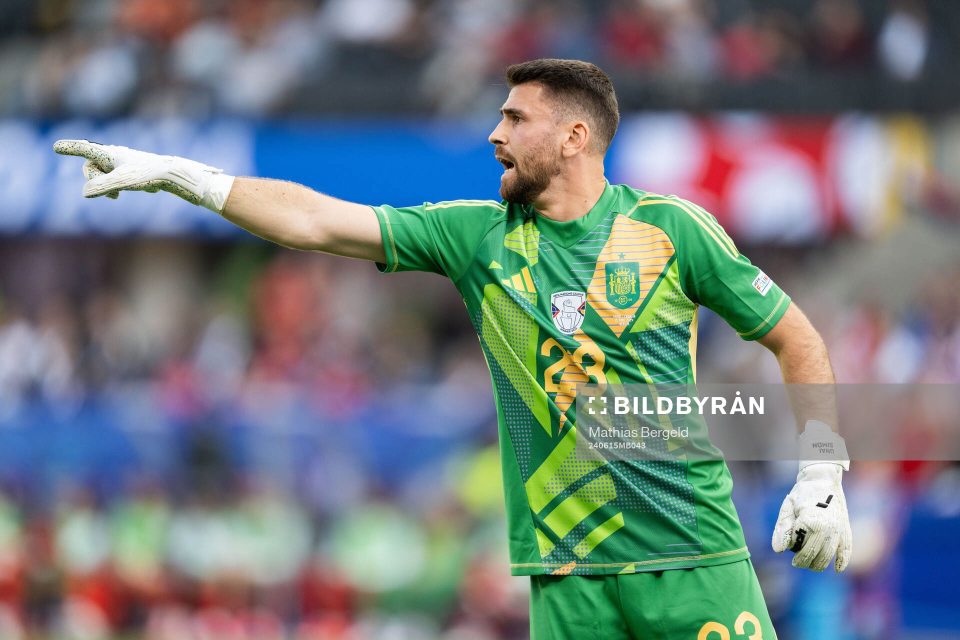Goalkeeper Unai Simon Mendibil of Spain during the UEFA Euro 2024 Football Championship match between Spain and Croatia on June 15, 2024 in Berlin.
