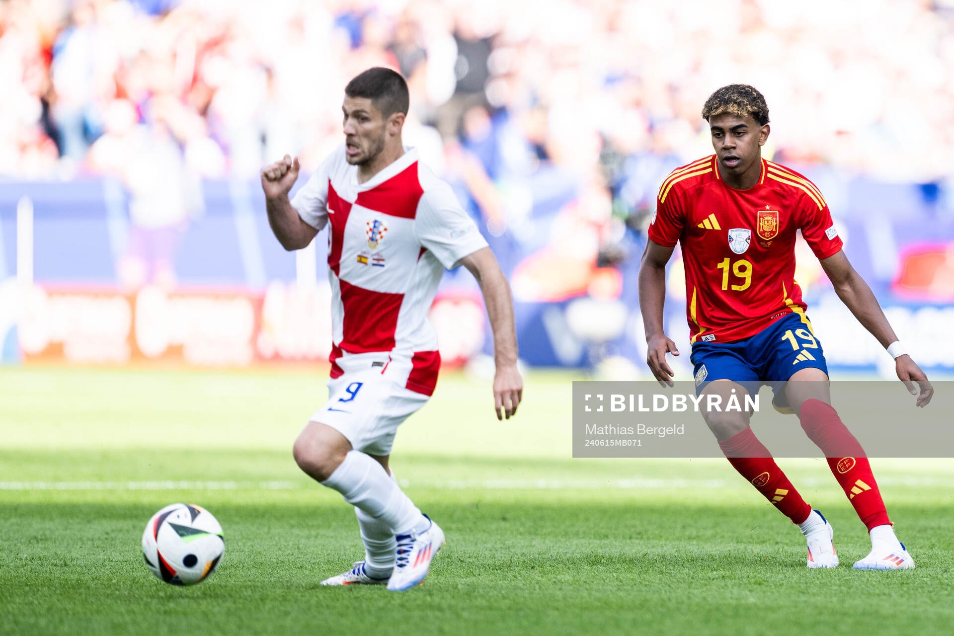 Andrej Kramaric of Croatia and Lamine Yamal of Spain during the UEFA Euro 2024 Football Championship match between Spain and Croatia on June 15, 2024 in Berlin.