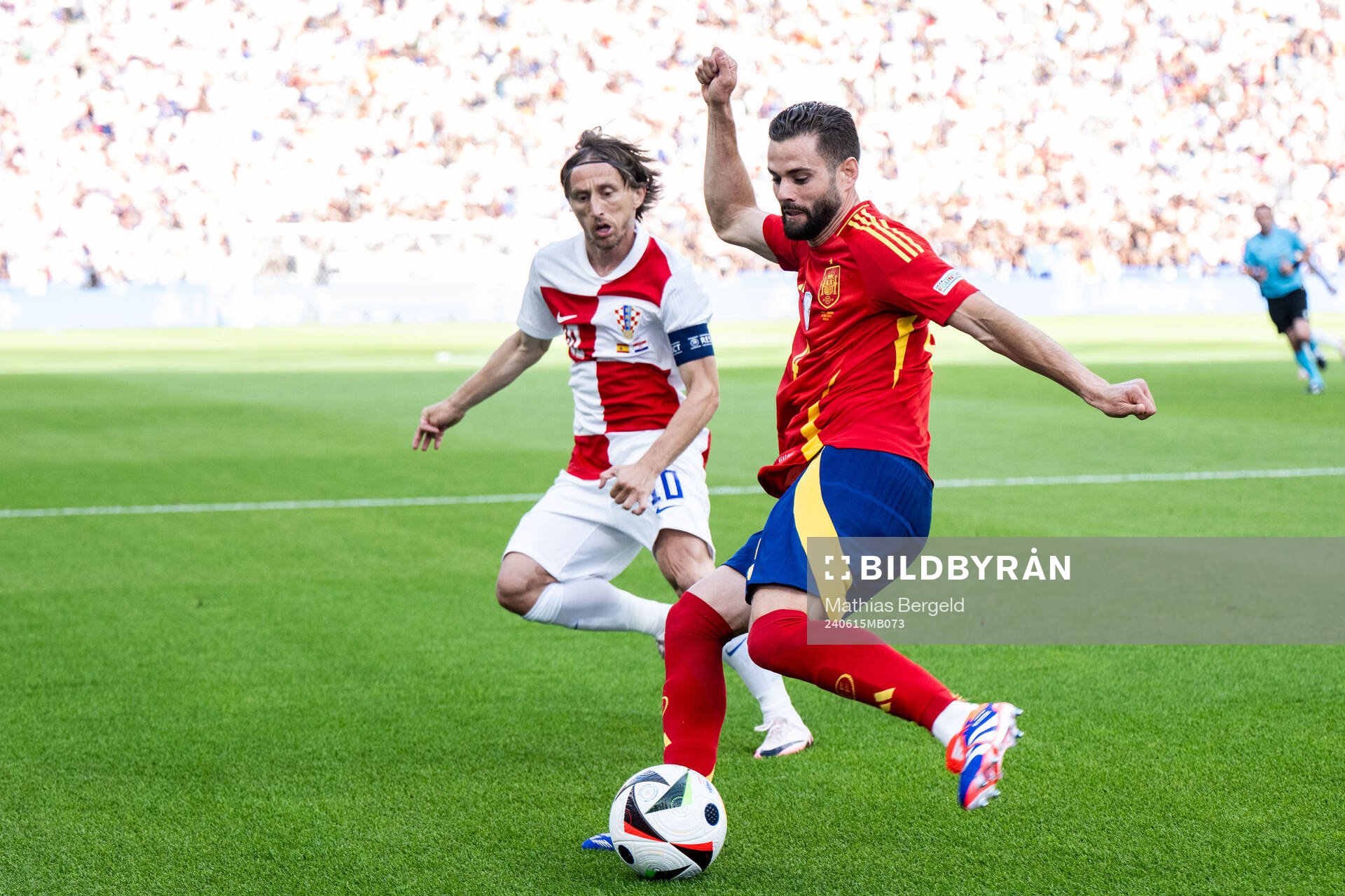 Luka Modric of Croatia and Nacho of Spain during the UEFA Euro 2024 Football Championship match between Spain and Croatia on June 15, 2024 in Berlin. 
