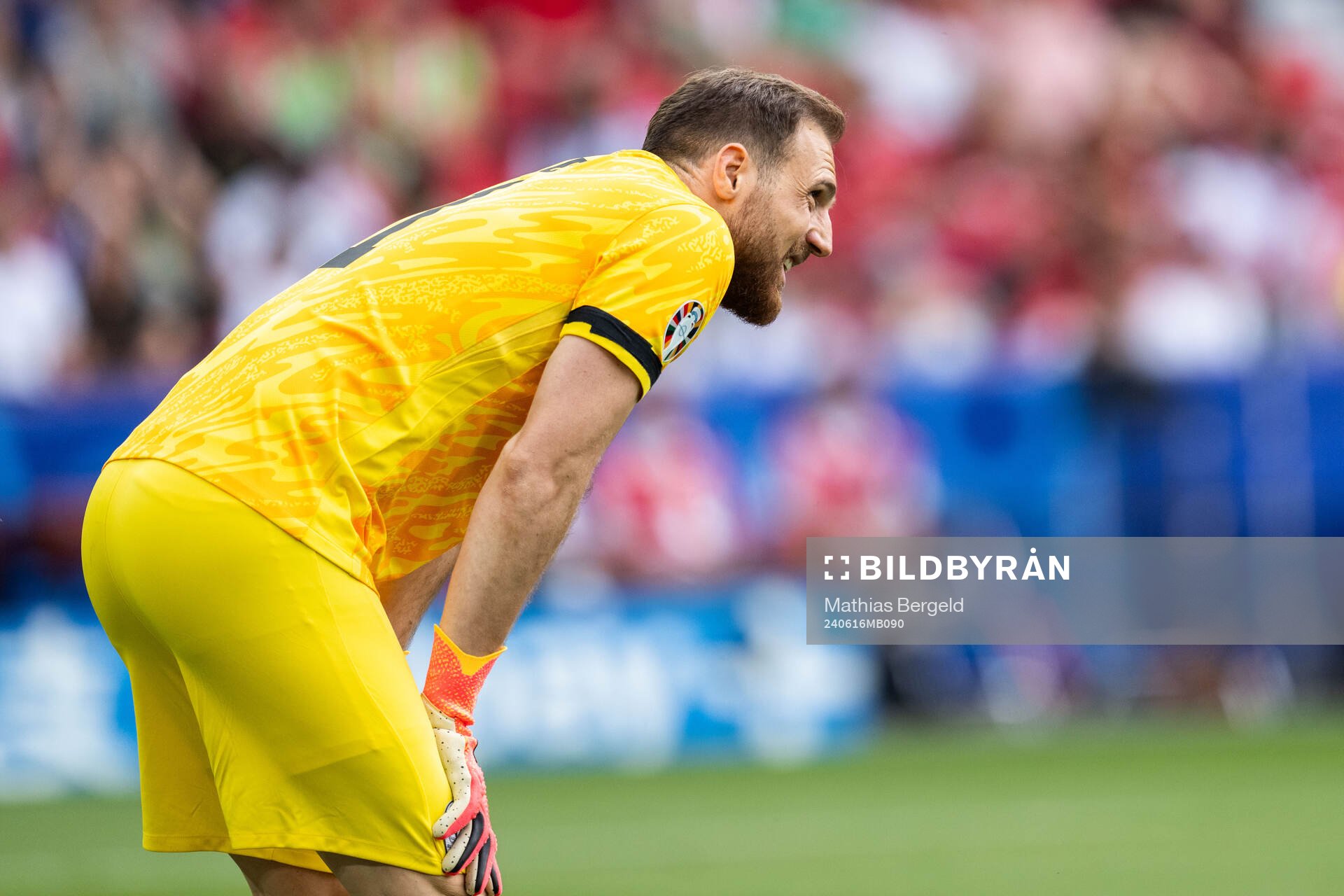 Goalkeeper Jan Oblak of Slovenia in pain during the UEFA Euro 2024 Football Championship match between Slovenia and Denmark on June 16, 2024 in Stuttgart.