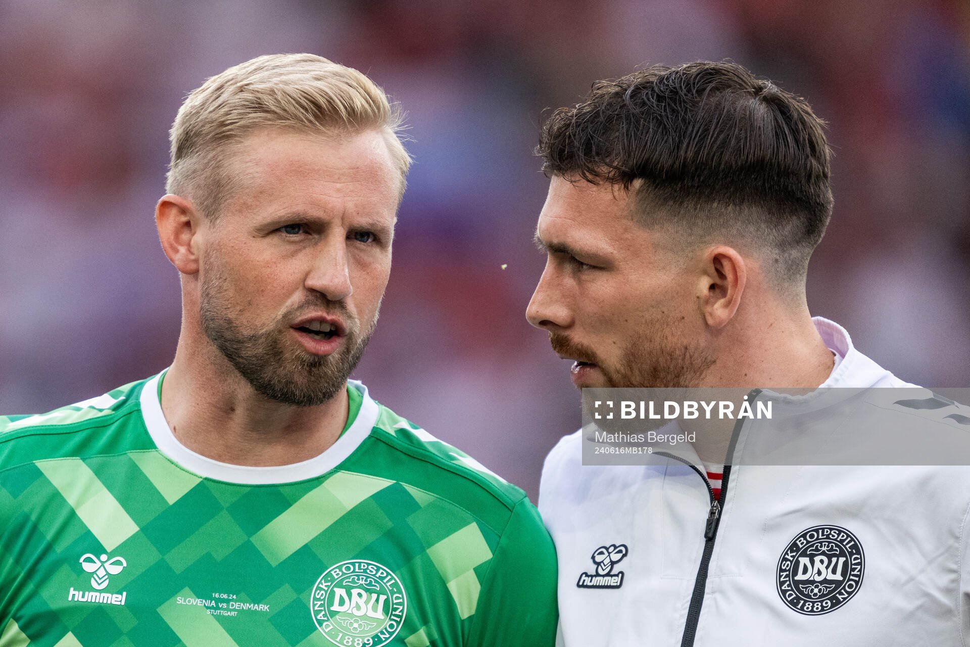 Goalkeeper Kasper Schmeichel and Pierre-Emil Højberg of