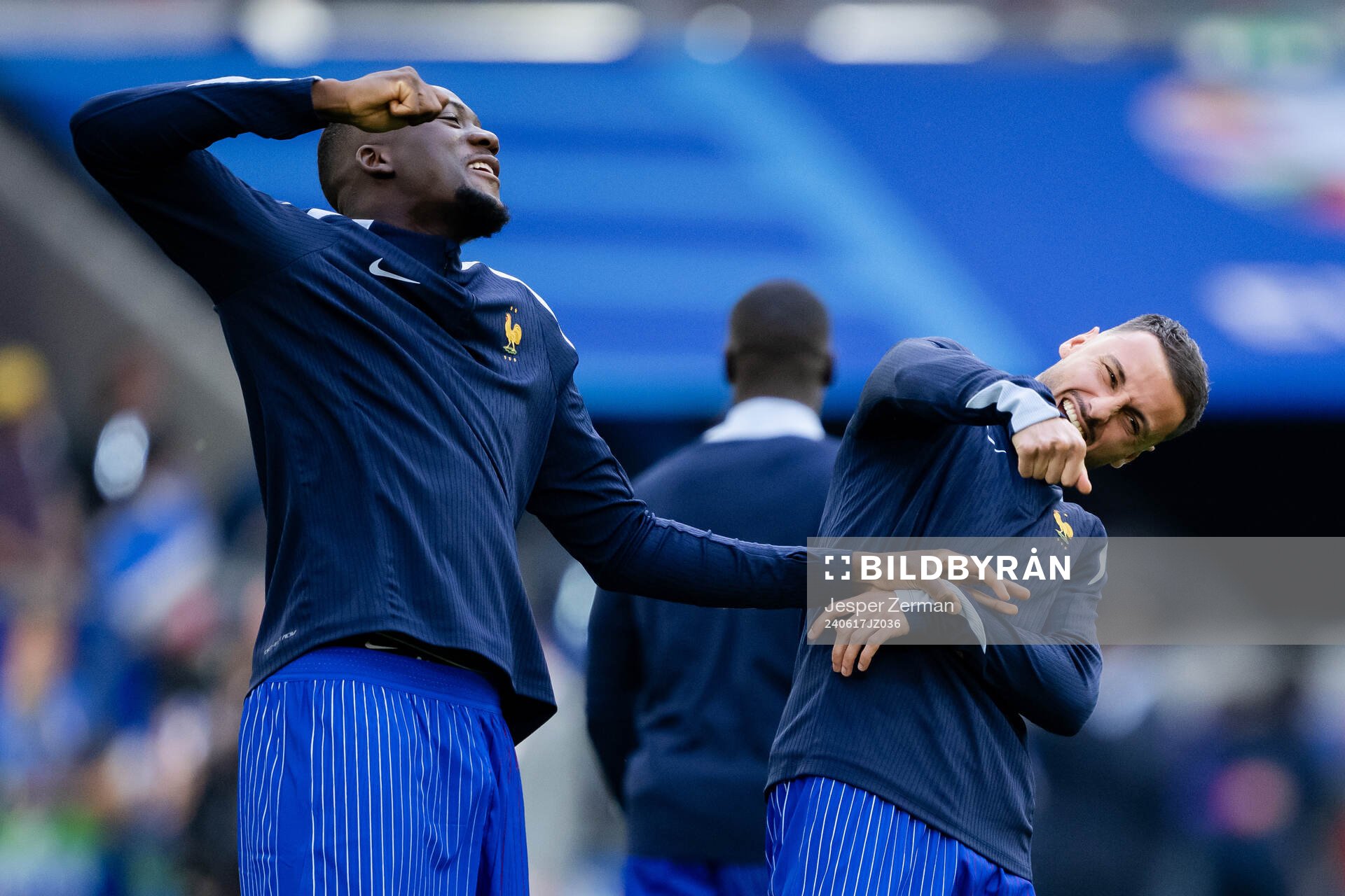 Ibrahim Konaté and Jonathan Clauss of France ahead of the UEFA Euro 2024 Football Championship match between Austria and France on June 17, 2024 in Düsseldorf.
