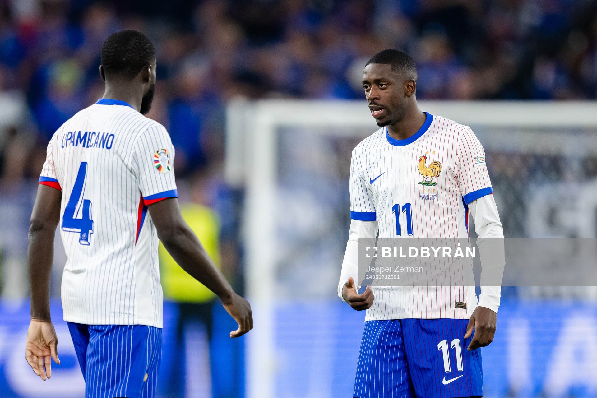 Dayot Upamecano and Ousmane Dembele of France during the UEFA Euro 2024 Football Championship match between Austria and France on June 17, 2024 in Düsseldorf.
