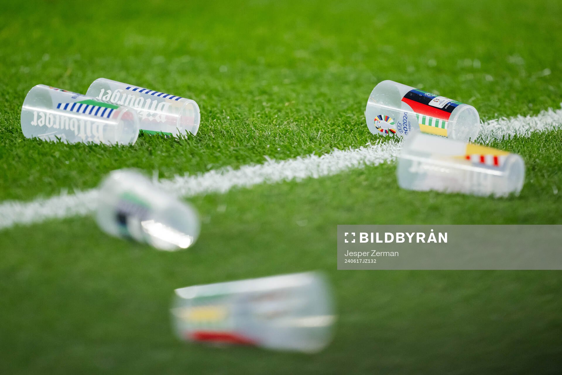 Cups on the pitch during the UEFA Euro 2024 Football Championship match between Austria and France on June 17, 2024 in Düsseldorf.