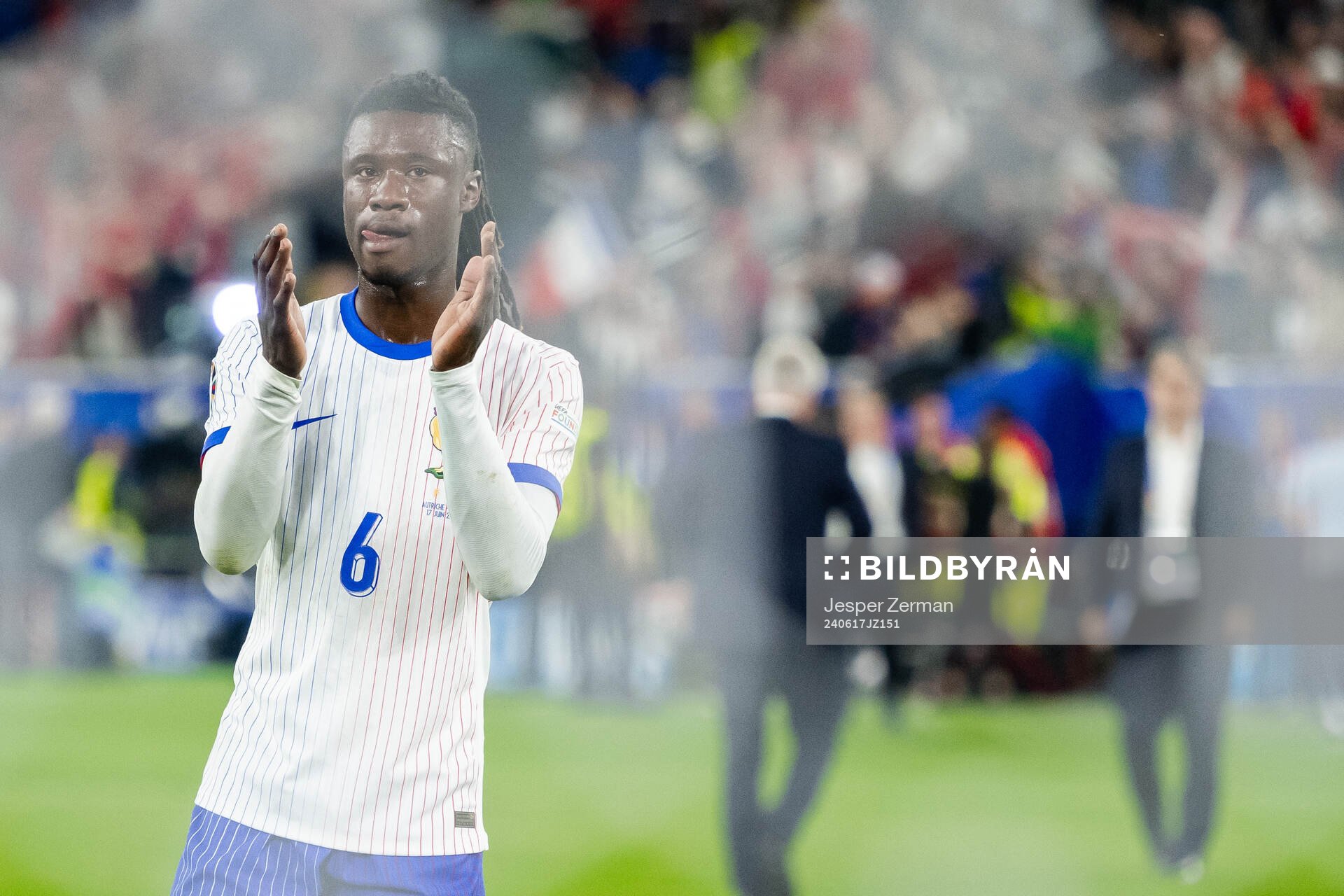 Eduardo Camavinga of France celebrates after the UEFA Euro 2024 Football Championship match between Austria and France on June 17, 2024 in Düsseldorf.