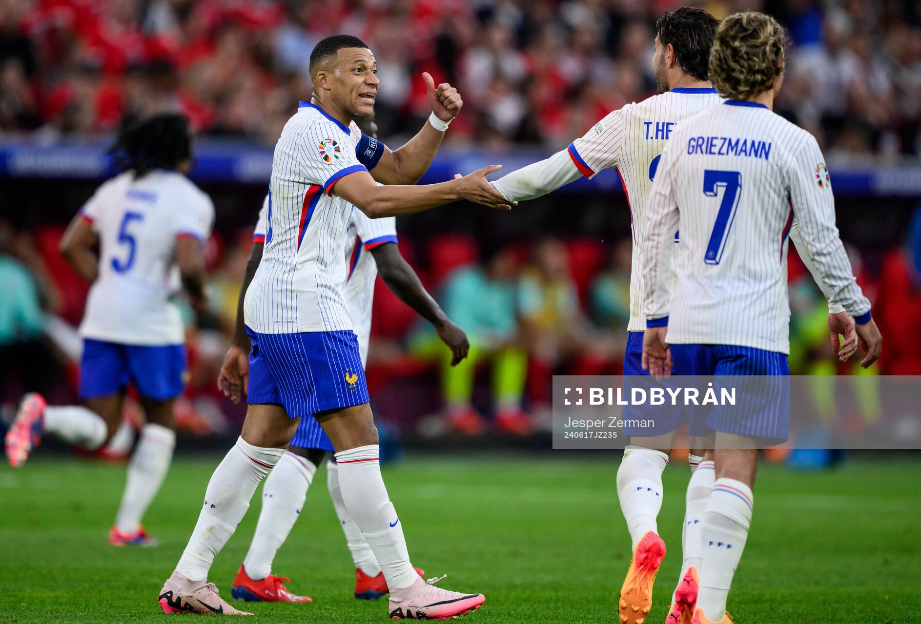 Kylian Mbappé of France celebrates after 0-1 by Maximilian Wöber of Austria (not pictured) during the UEFA Euro 2024 Football Championship match between Austria and France on June 17, 2024 in Düsseldorf.