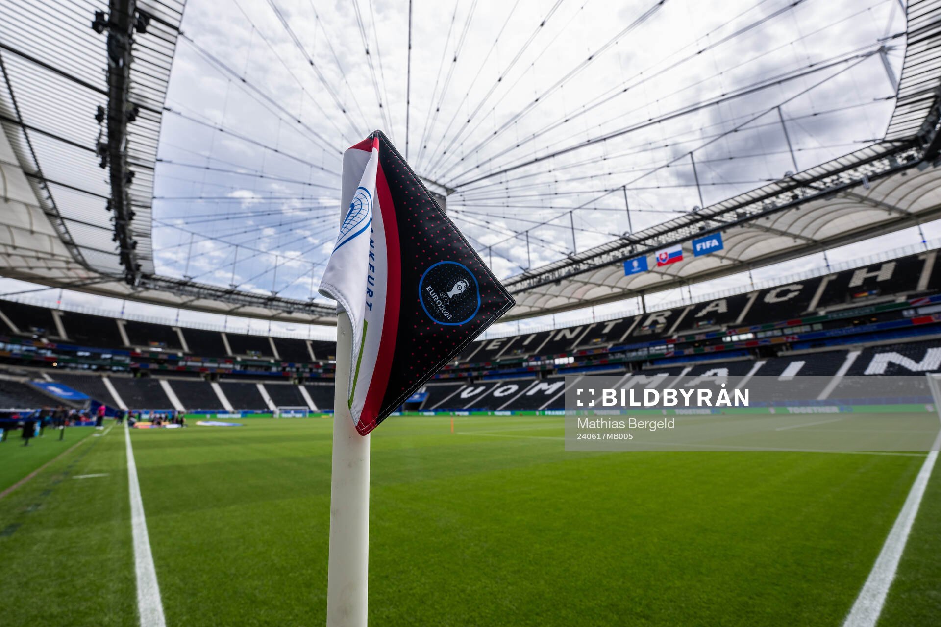 A corner flag in Frankfurt Arena ahead of the UEFA Euro 2024 Football Championship match between Belgium and Slovakia on June 17, 2024 in Frankfurt. 