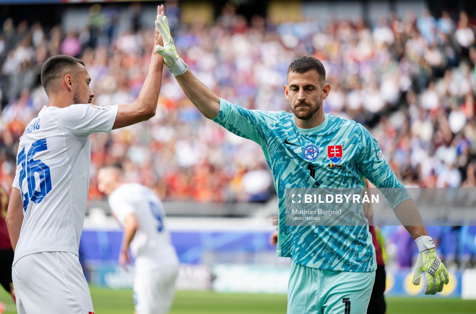 Ivan Schranz and goalkeeper Martin Dubravka of Slovakia