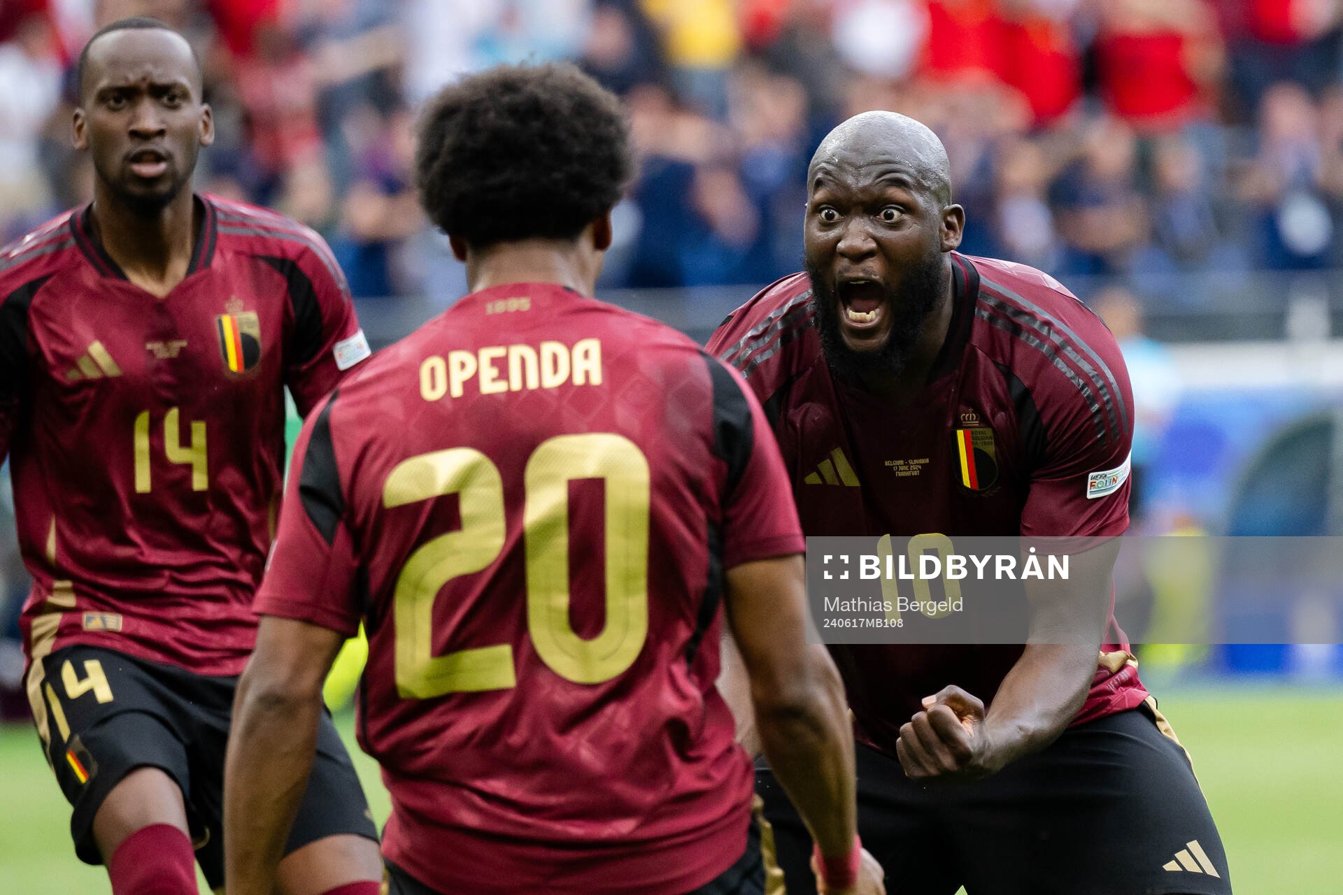 Ikoma-Lois Openda and Romelu Lukaku of Belgium celebrate a