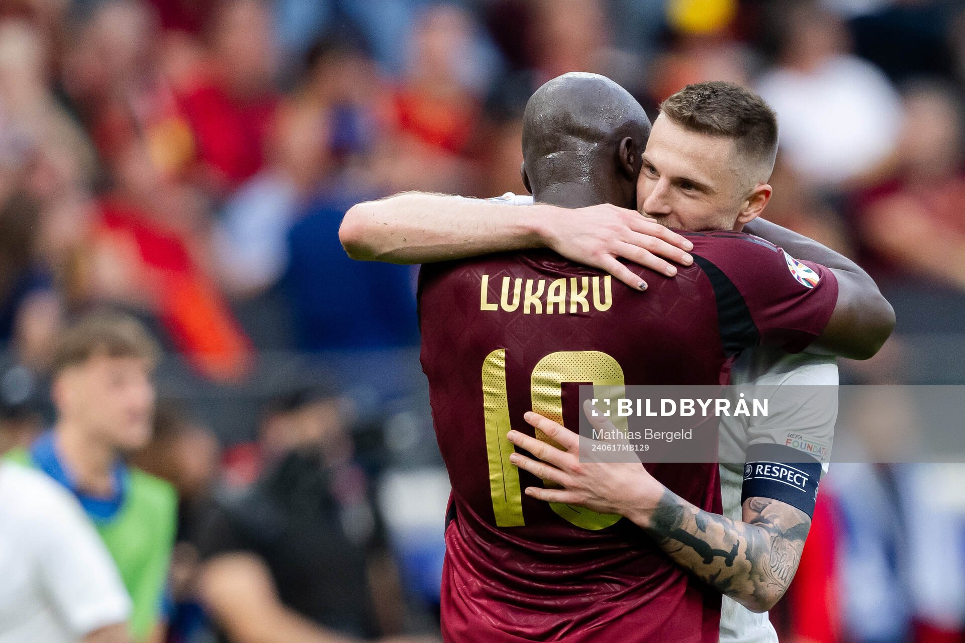 Romelu Lukaku of Belgium and Milan Skriniar of Slovakia