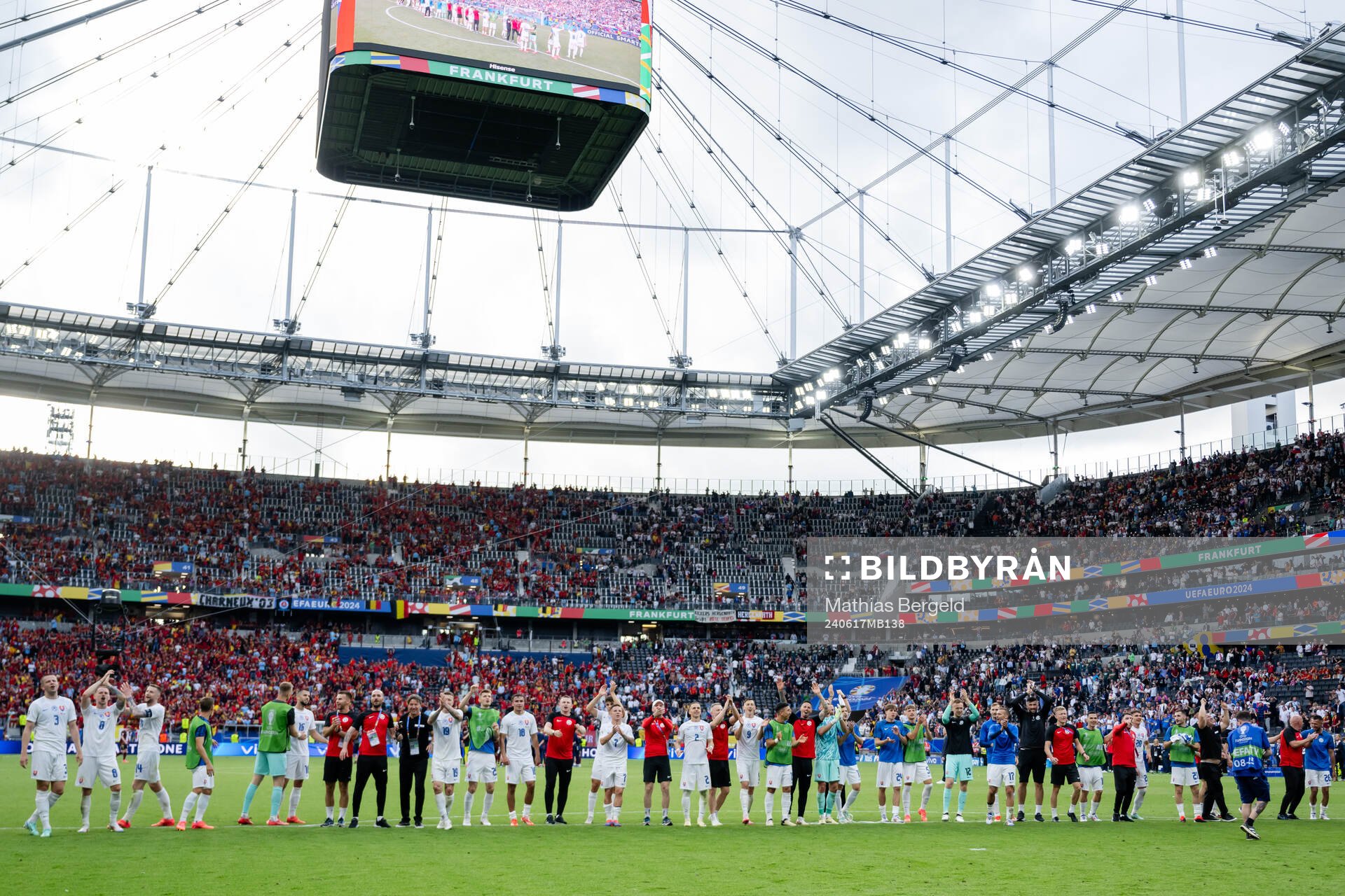 Players of Slovakia celebrate after the UEFA Euro 2024 Football Championship match between Belgium and Slovakia on June 17, 2024 in Frankfurt.