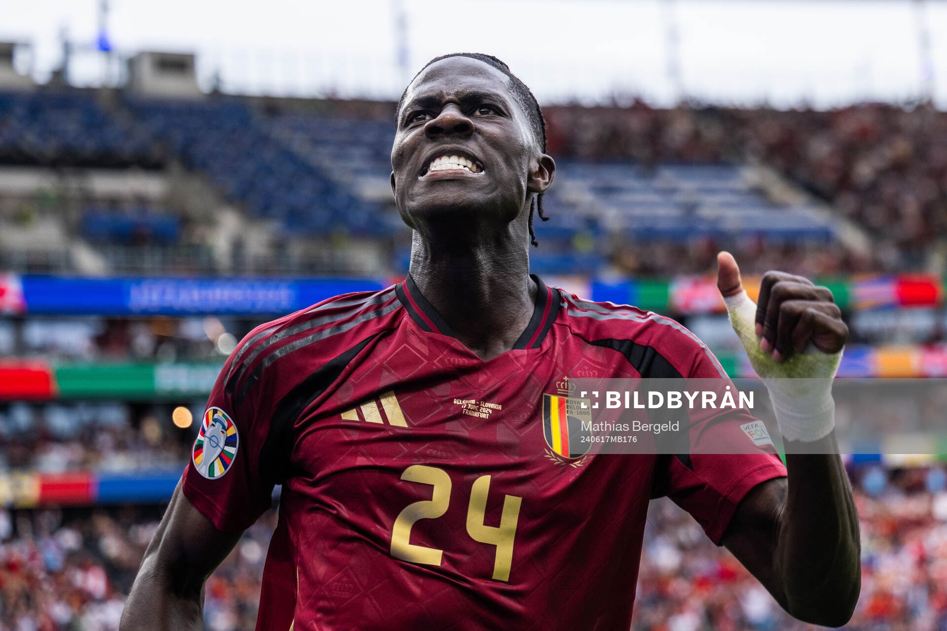 Amadou Onana of Belgium celebrates a goal that was later