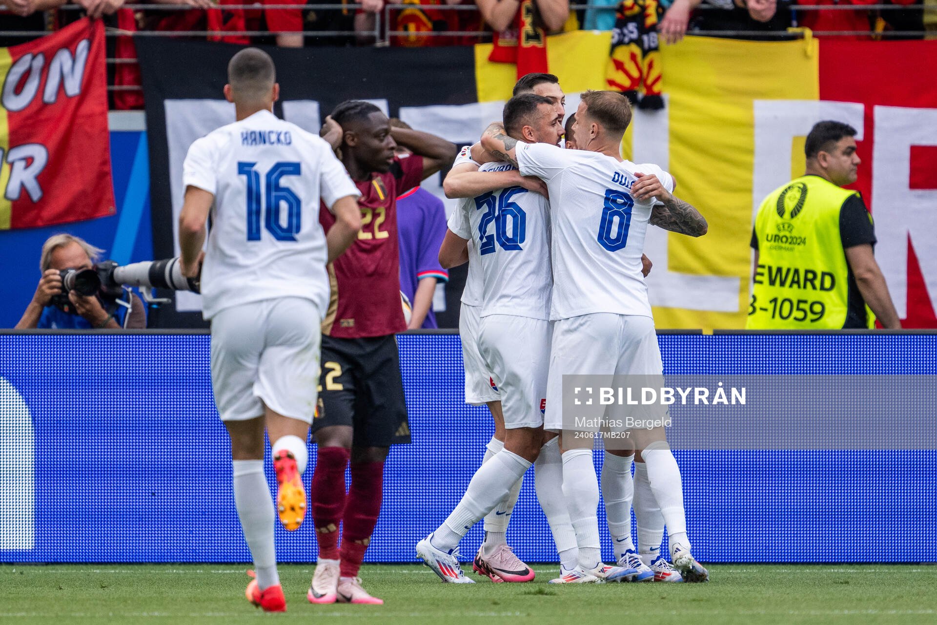 Ivan Schranz of Slovakia celebrates with Ondrej Duda after scoring 0-1 during the UEFA Euro 2024 Football Championship match between Belgium and Slovakia on June 17, 2024 in Frankfurt.