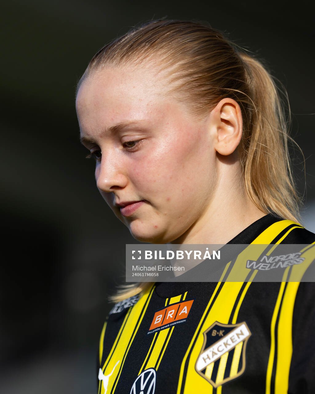 Häckens Johanna Fossdalsá Sørensen innan fotbollsmatchen i Damallsvenskan mellan Häcken och Vittsjö den 17 juni 2024 i Göteborg. 