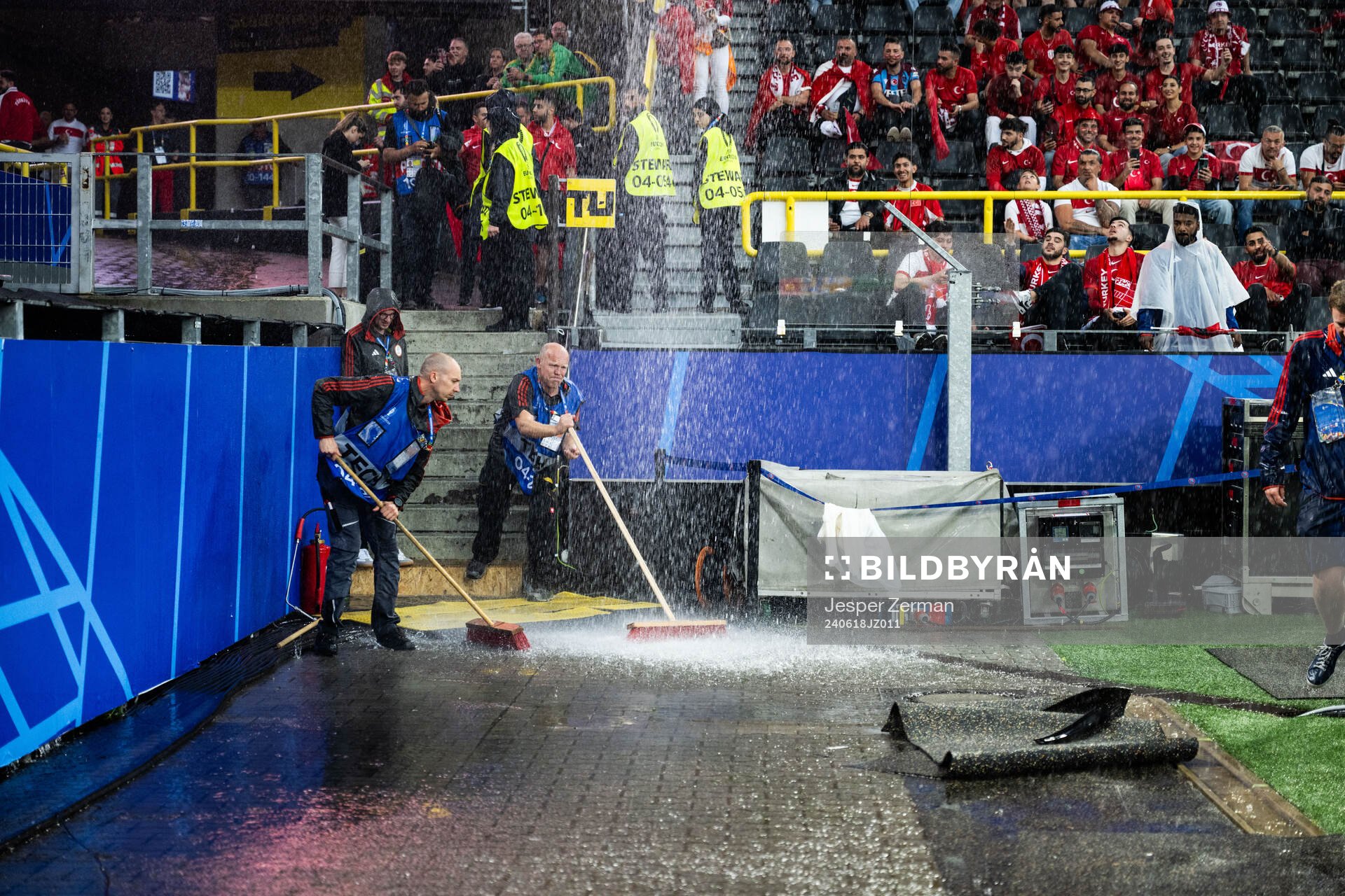 General view as rain falls inside the stadium