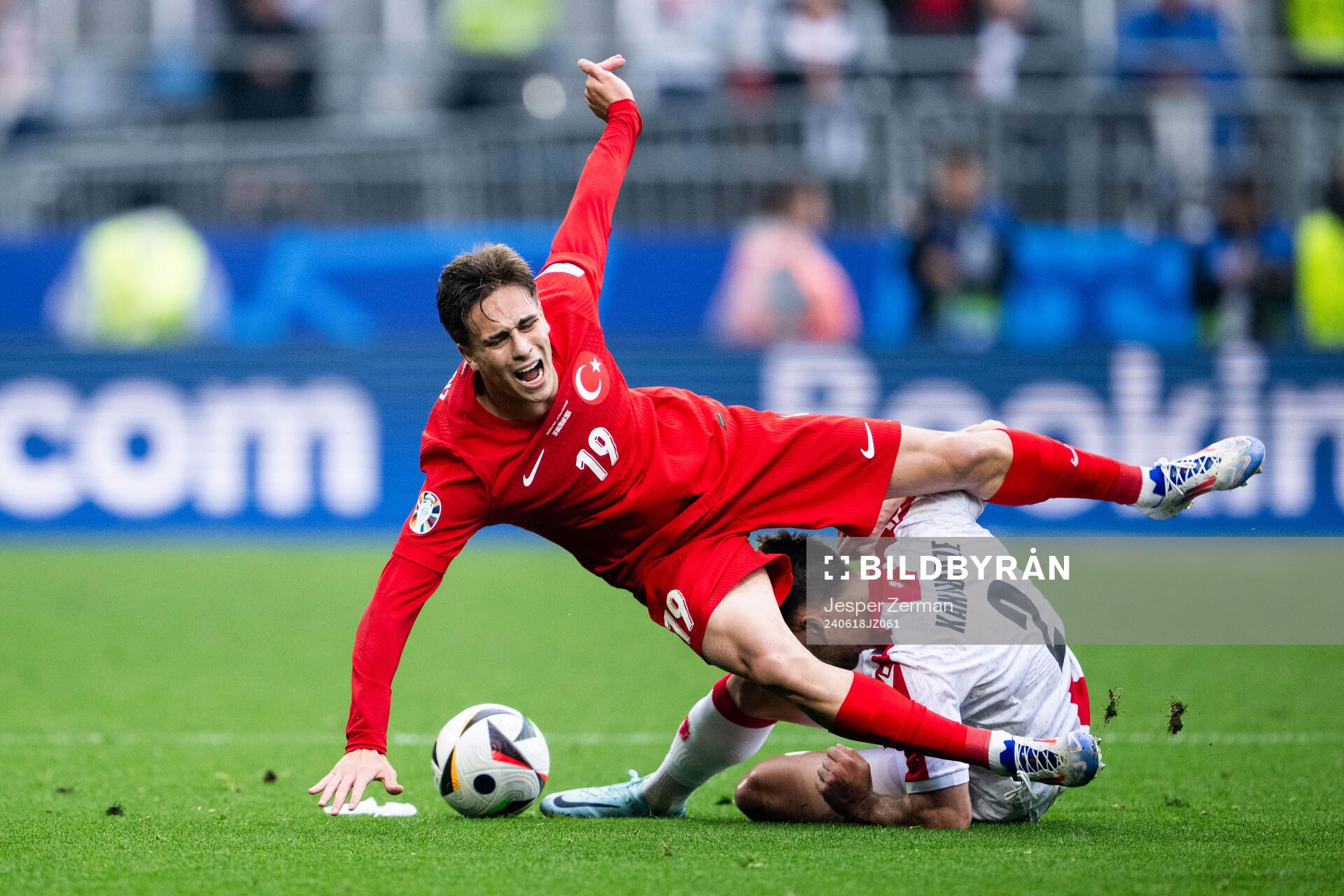 Kenan Yildiz of Türkiye and Otar Kakabadze of Georgia during the UEFA Euro 2024 Football Championship match between Türkiye and Georgia on June 18, 2024 in Dortmund.